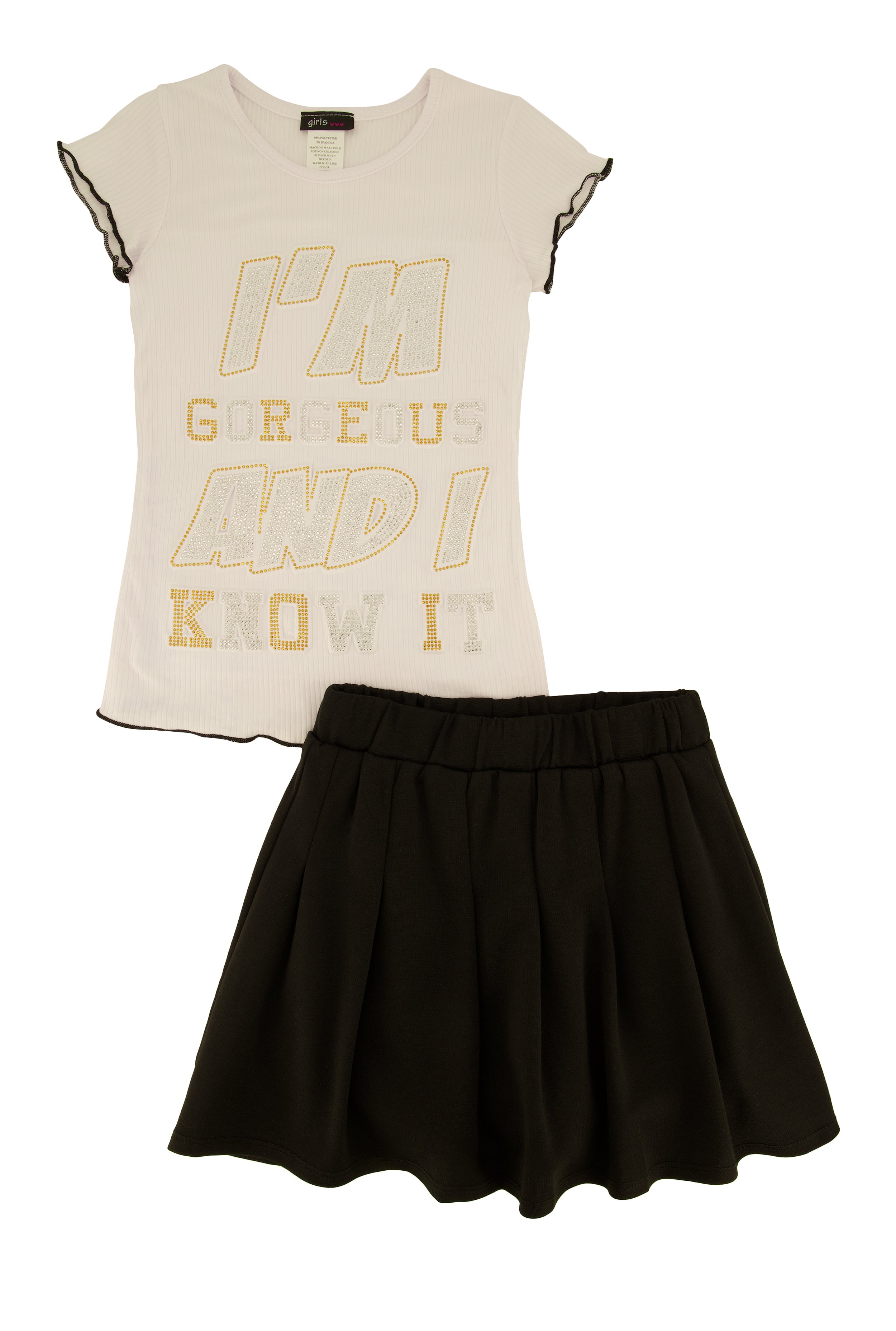 Rainbow Shops Little Girls Im Gorgeous 3D Graphic Tee and Pleated Skirt