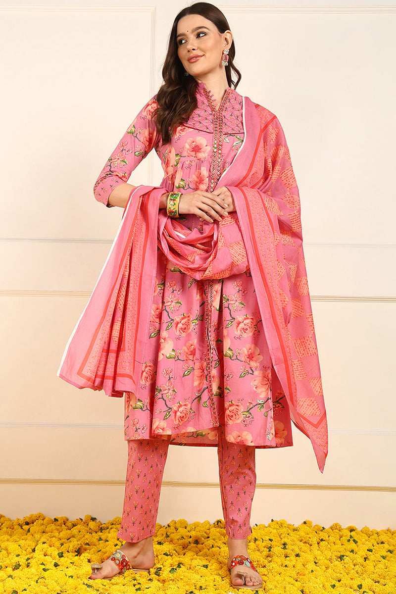 Ahika Pink Pure Cotton Floral Embroidered A-Line Suit Set JPSKD1025PNK