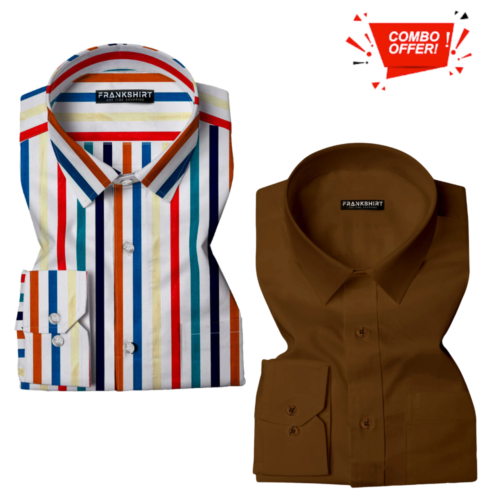 BlackTree Pack of 2 Cotton Shirt for Man (Lining Colour with Brown)