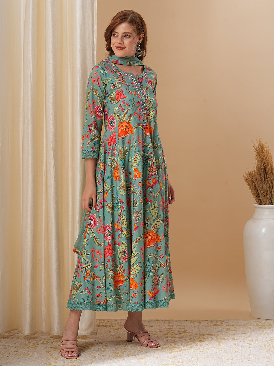 Fashor Floral Printed & Embroidered Anarkali Kurta with Pant and Dupatta - Green - view 5