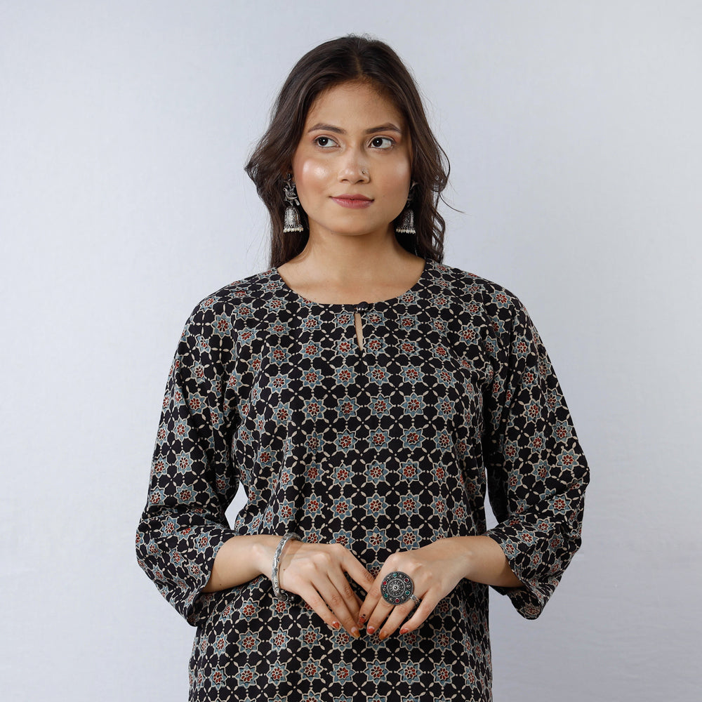 ITOKRI CASUALS Black - Geometric Flowers Ajrakh Block Printing Cotton Long Straight Kurta
