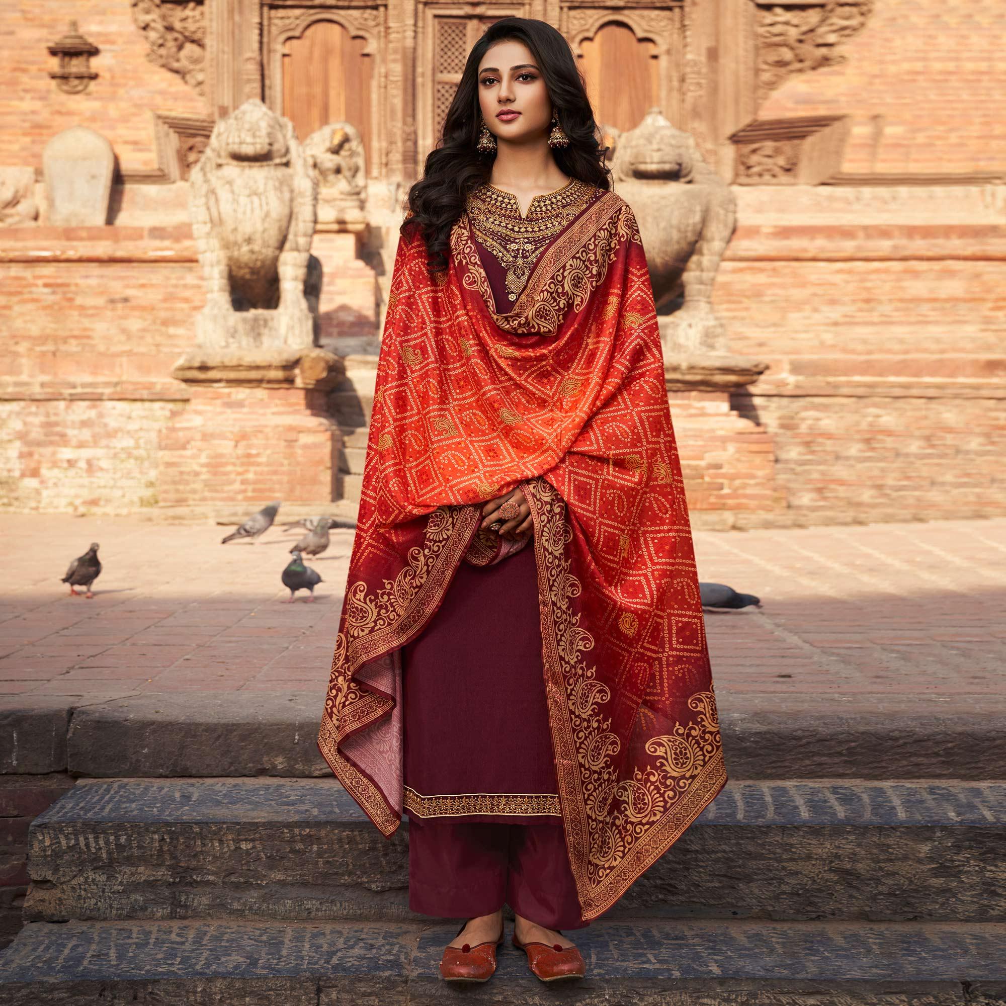 Peachmode Maroon Partywear Embroidered Chinon chiffon Suit