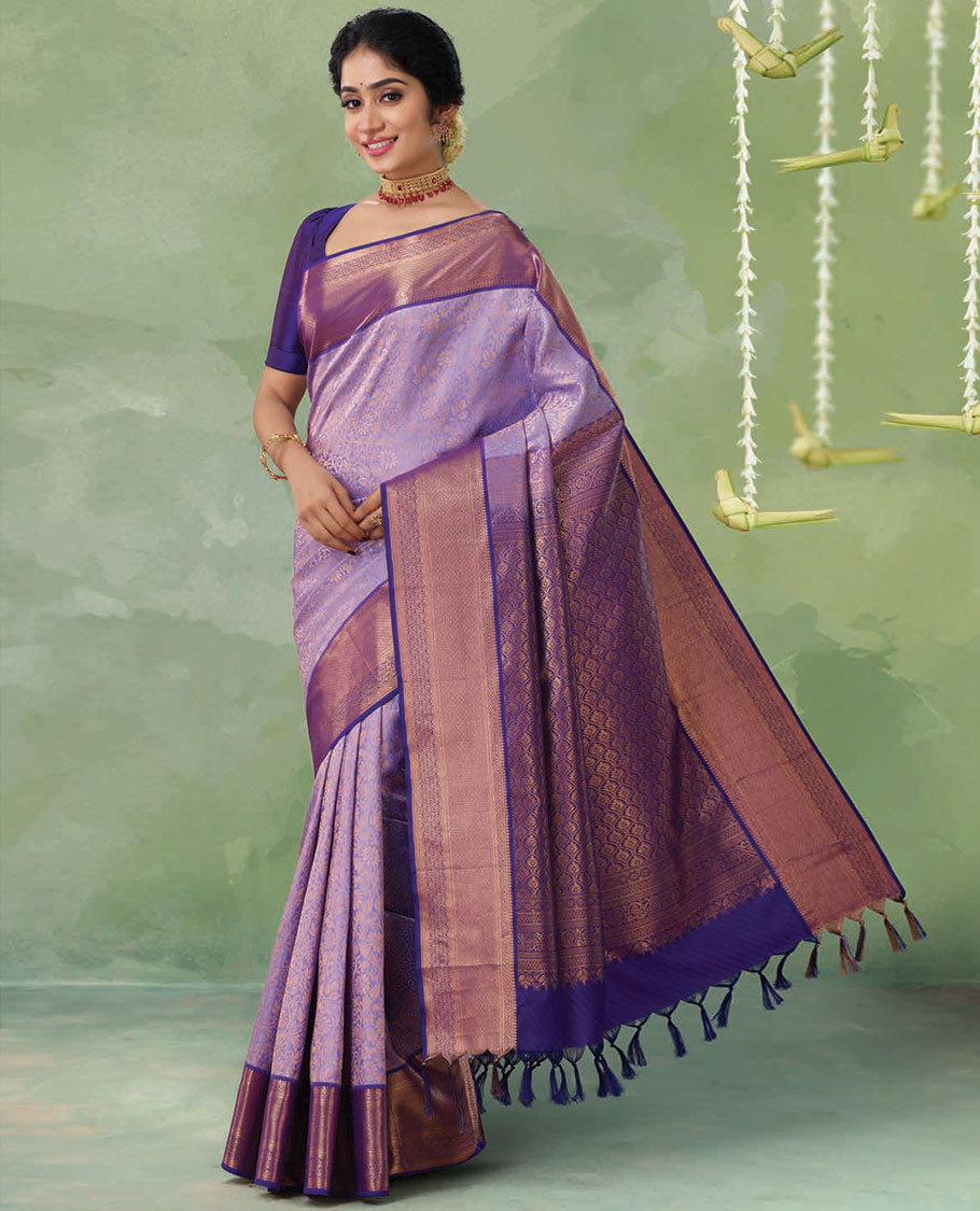 Pothys Violet jacquard kanchipuram silk saree, contrast jaal pallu & border of thilakam, neli kathir & jaal