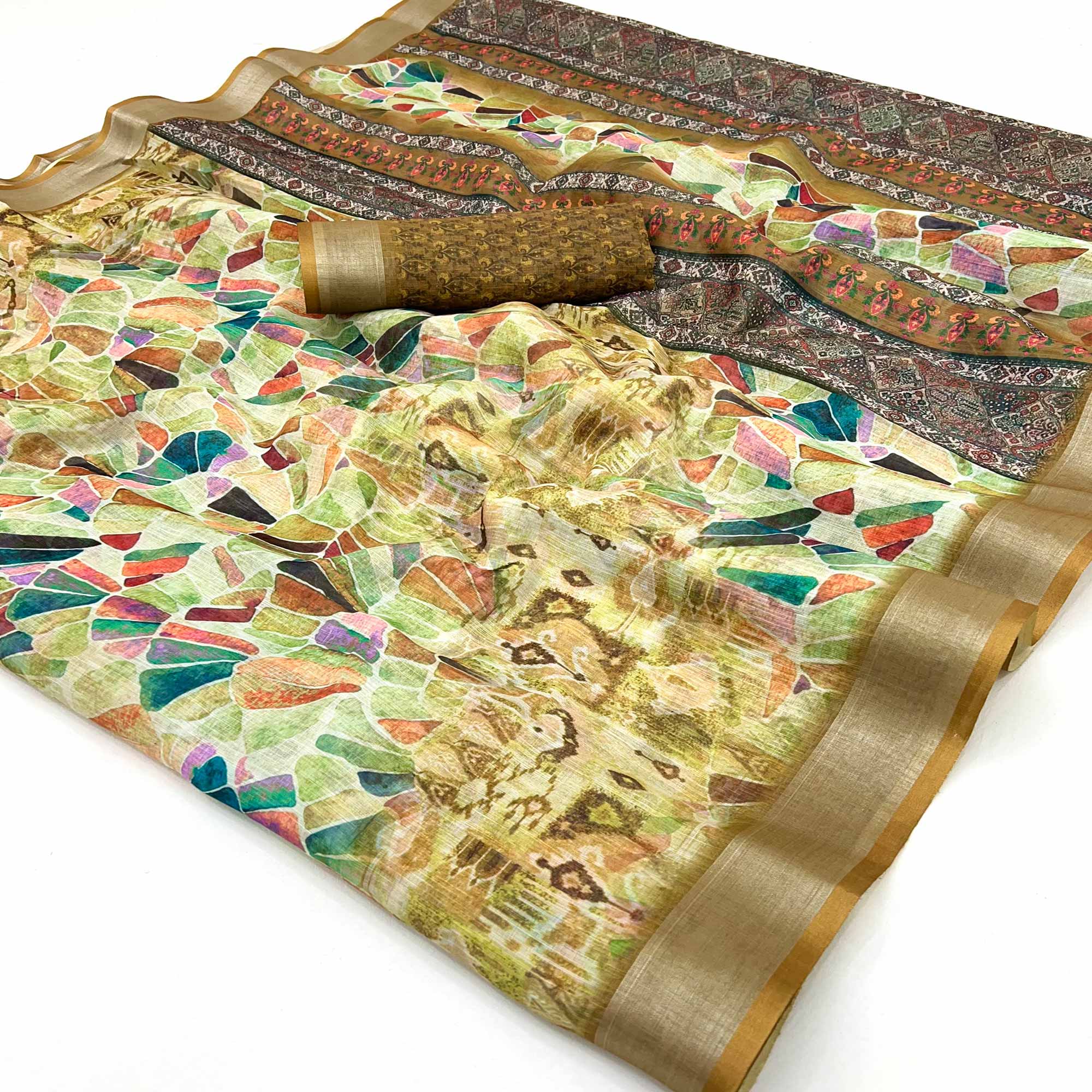 Peachmode Dark Mustard Digital Printed Linen Saree With Woven Border