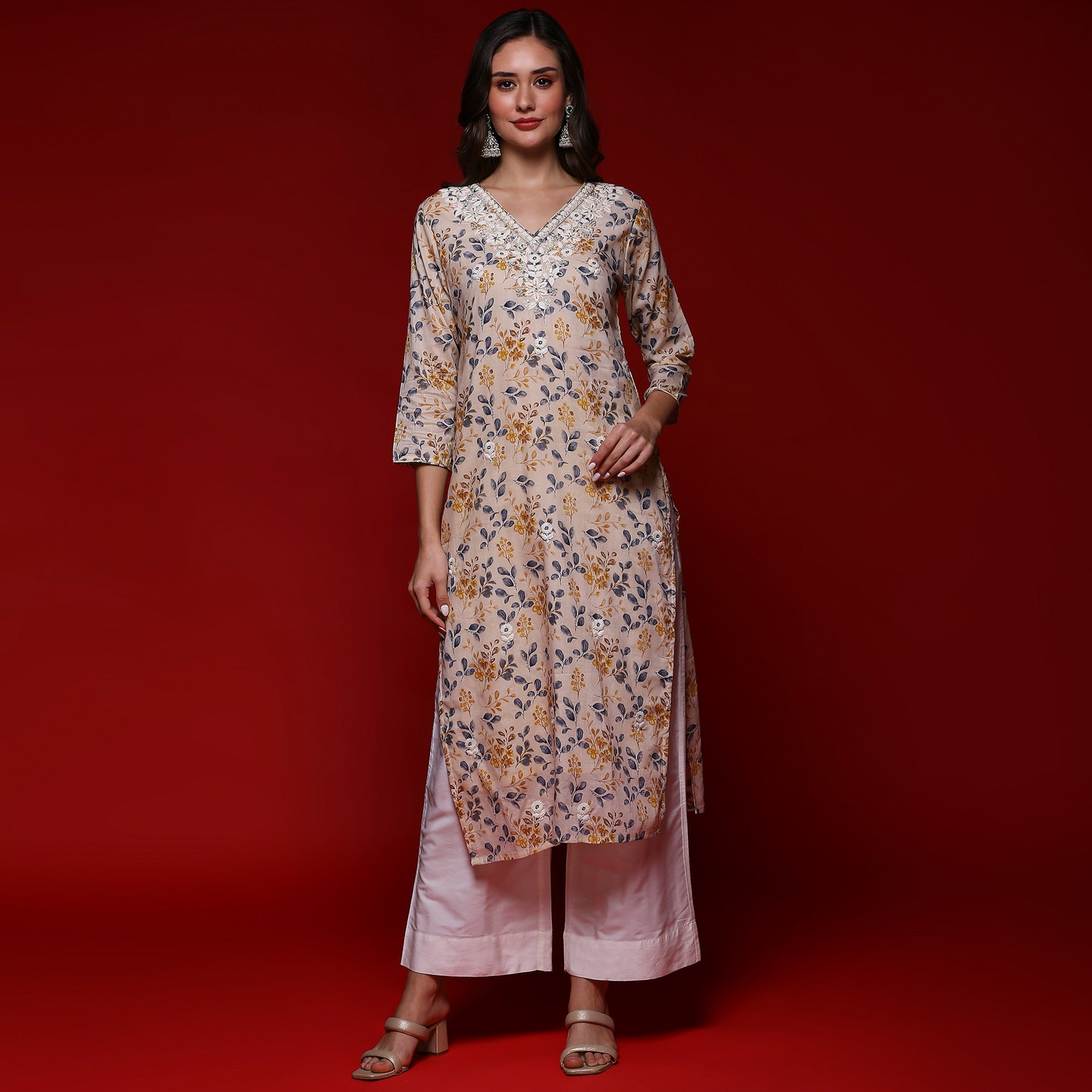 Peachmode Chikoo Floral Printed Mulmul Cotton Straight Kurti - view 3