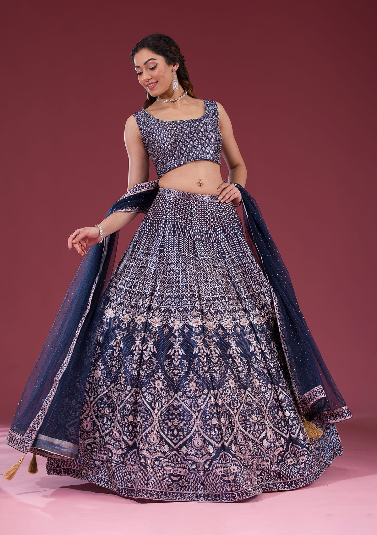 Koskii Navy Blue Silver Stonework Raw Silk Readymade Lehenga - view 6