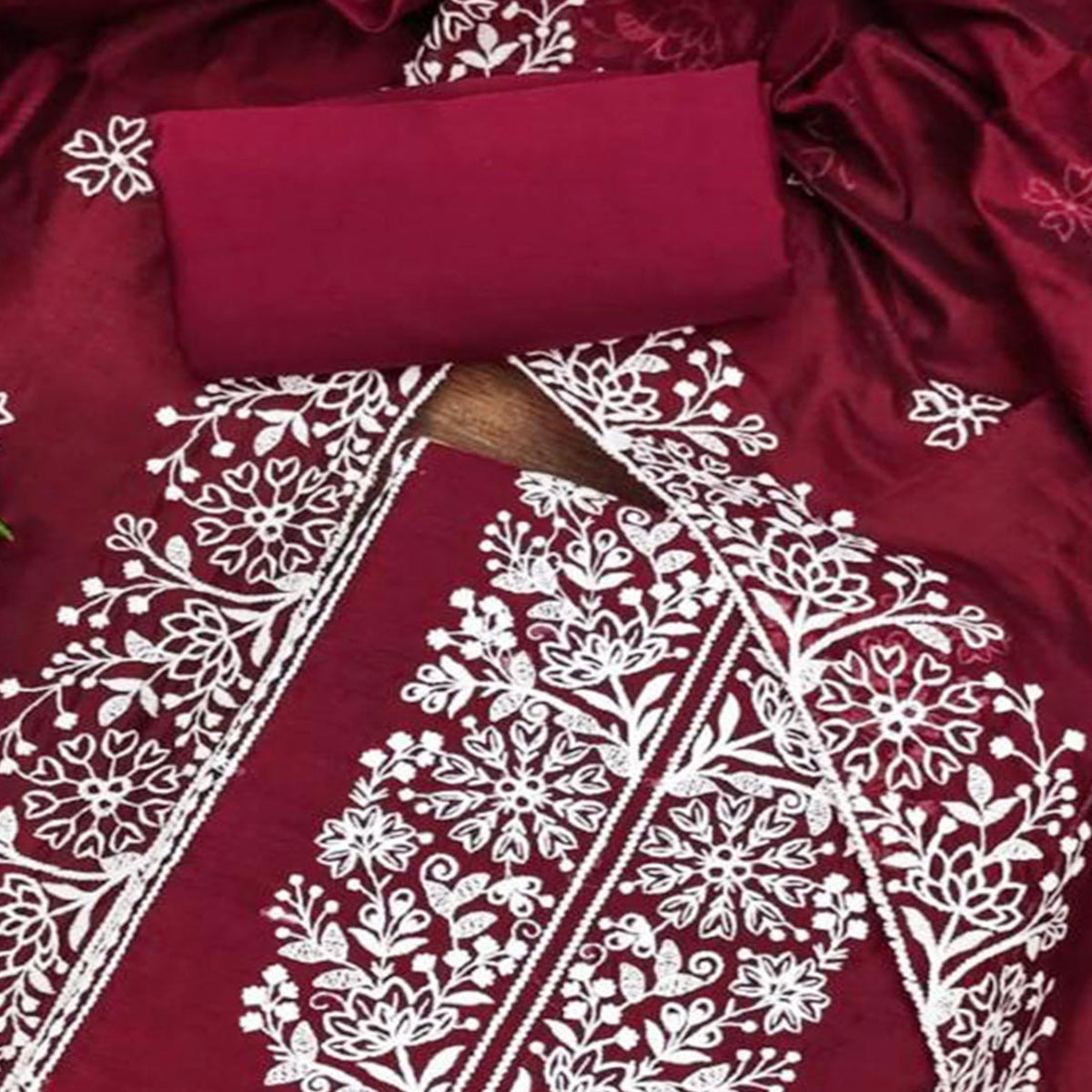 Peachmode Maroon Floral Embroidered Chanderi Silk Dress Material - view 2