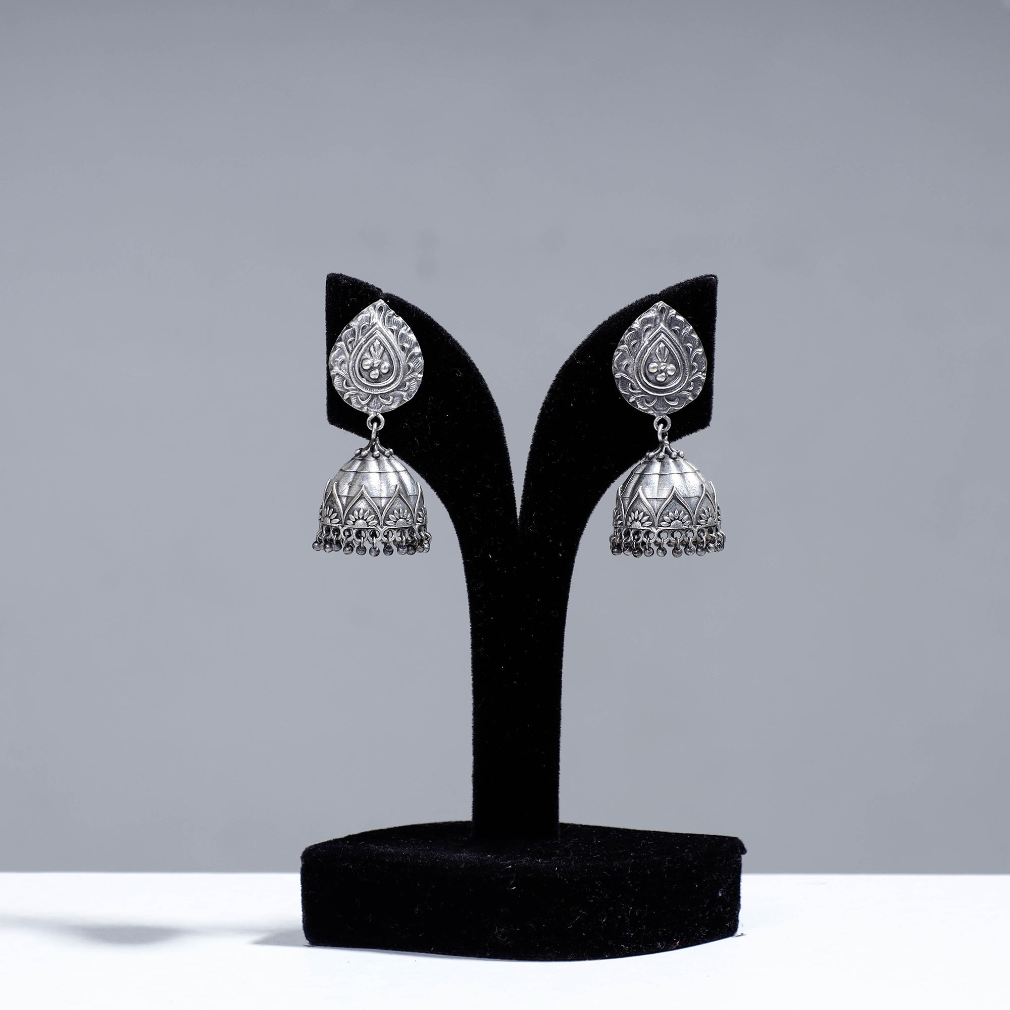 WHITE RIVER STORIES Antique Silver Finish Oxidised Brass Base Jhumka Earrings