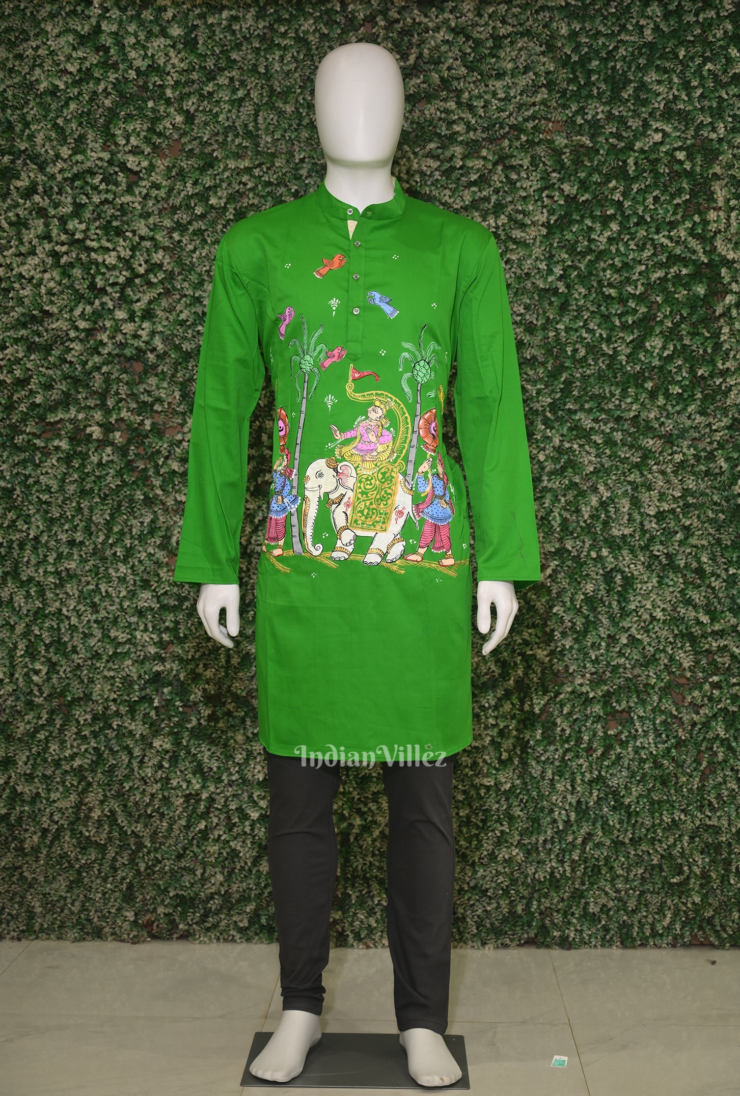 IndianVillèz Green Ashoka Theme Hand-Painted Pattachitra Kurta