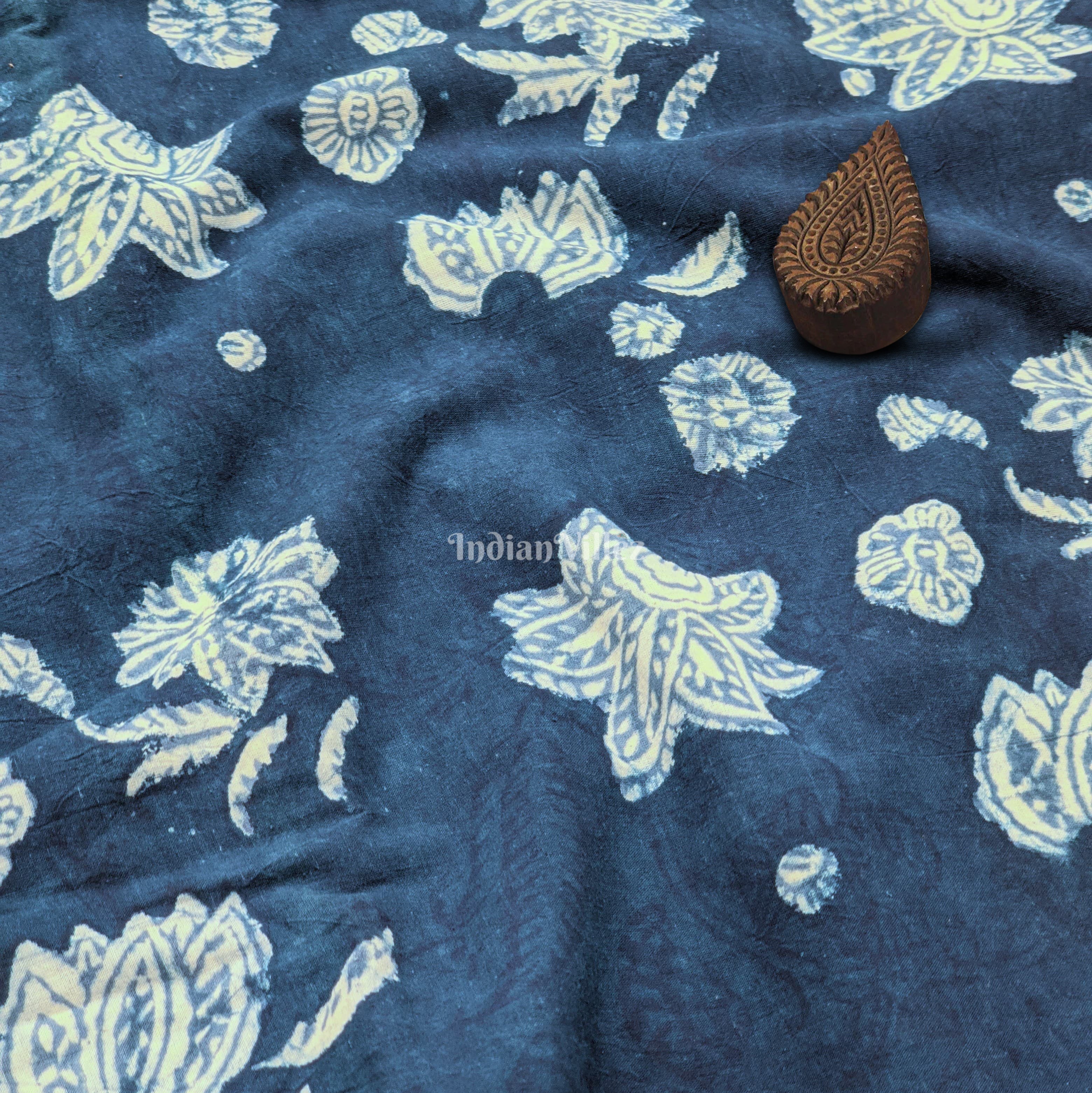 IndianVillèz Dark Blue Floral Hand Block Printed Cotton Fabric
