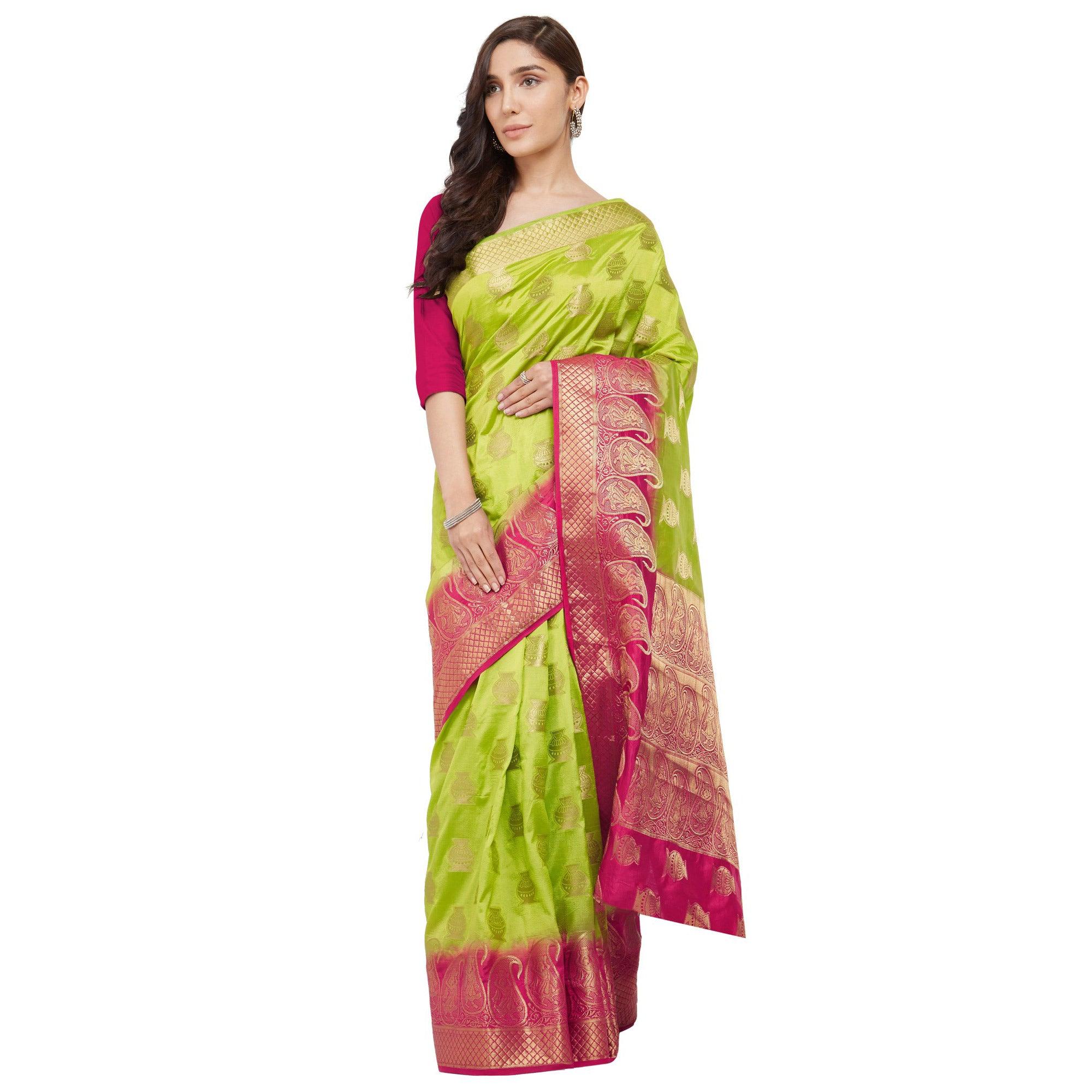 Peachmode Exceptional Green Colored Festive Wear Woven Cotton Silk Saree - view 4