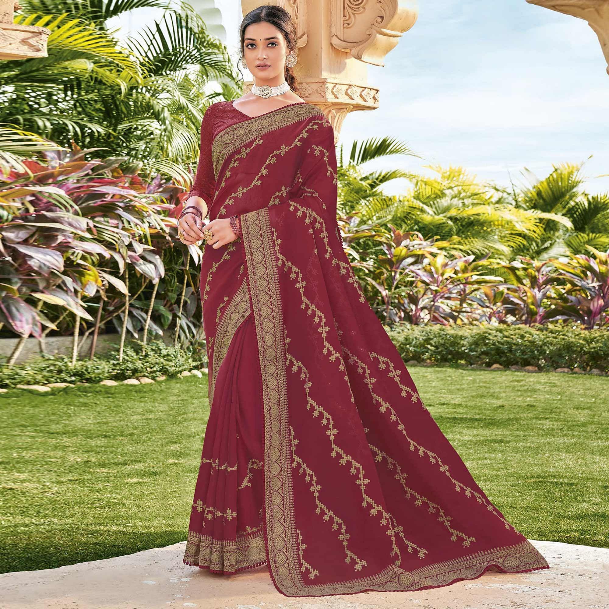 Peachmode Maroon Woven Georgette Saree – Women's