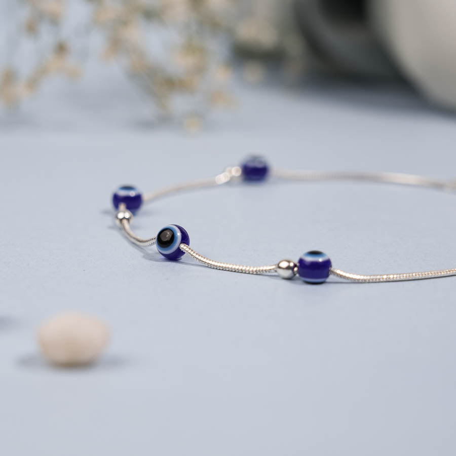 Prinjal Jewellers Silver Anklet for Women with 5 Evil Eye Beads