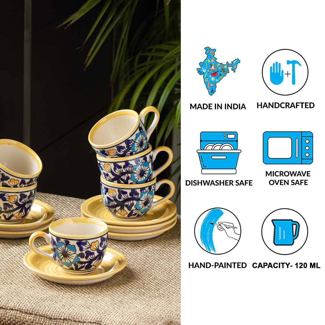 EXCLUSIVELANE 'Badamwari Bagheecha' Handpainted Ceramic Coffee & Tea Cups With Saucers (Set of 6, 120 ML, Microwave Safe) - view 5