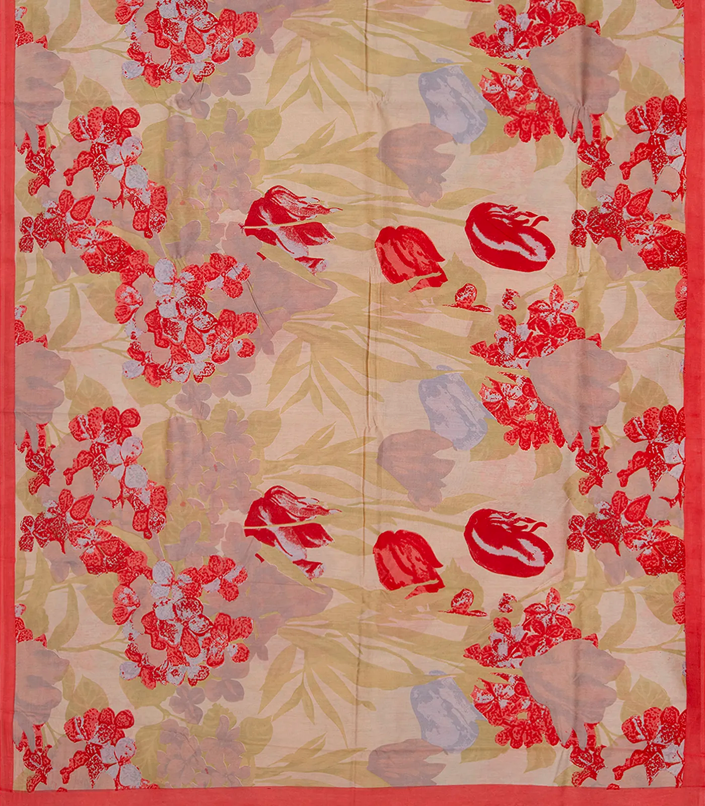 RmKV Red Handloom Chanderi Cotton Saree With Printed Floral Vine Motifs-Red - view 2