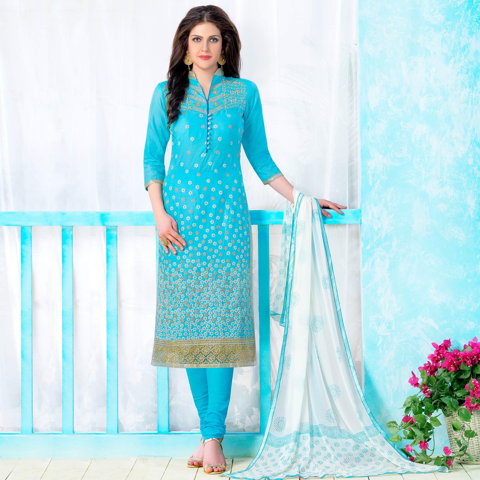Peachmode Ethnic Sky Blue Colored Party Wear Embroidered Cotton Dress Material
