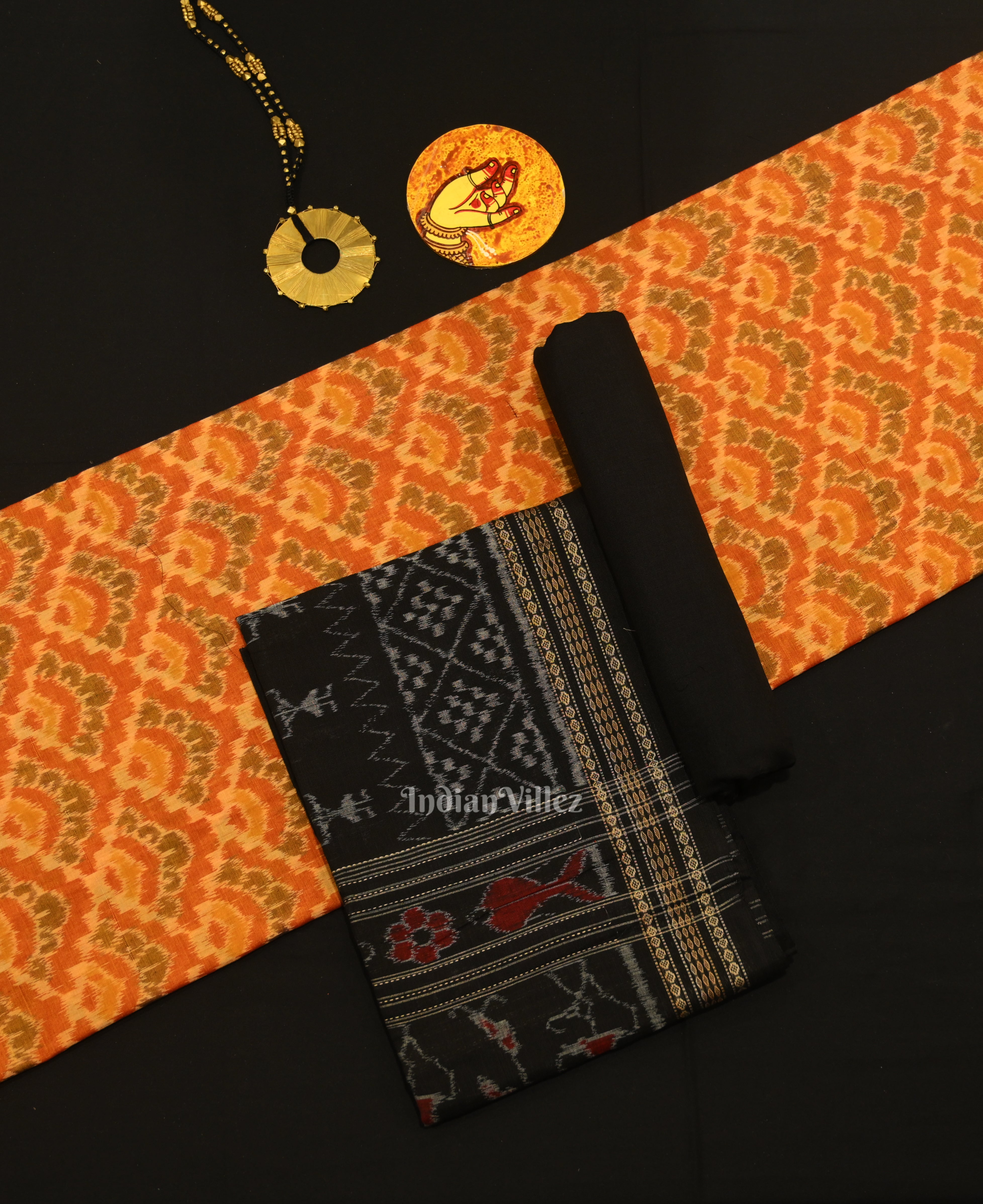 IndianVillèz Orange Black Odisha Ikat Sambalpuri Dress Set & Dupatta