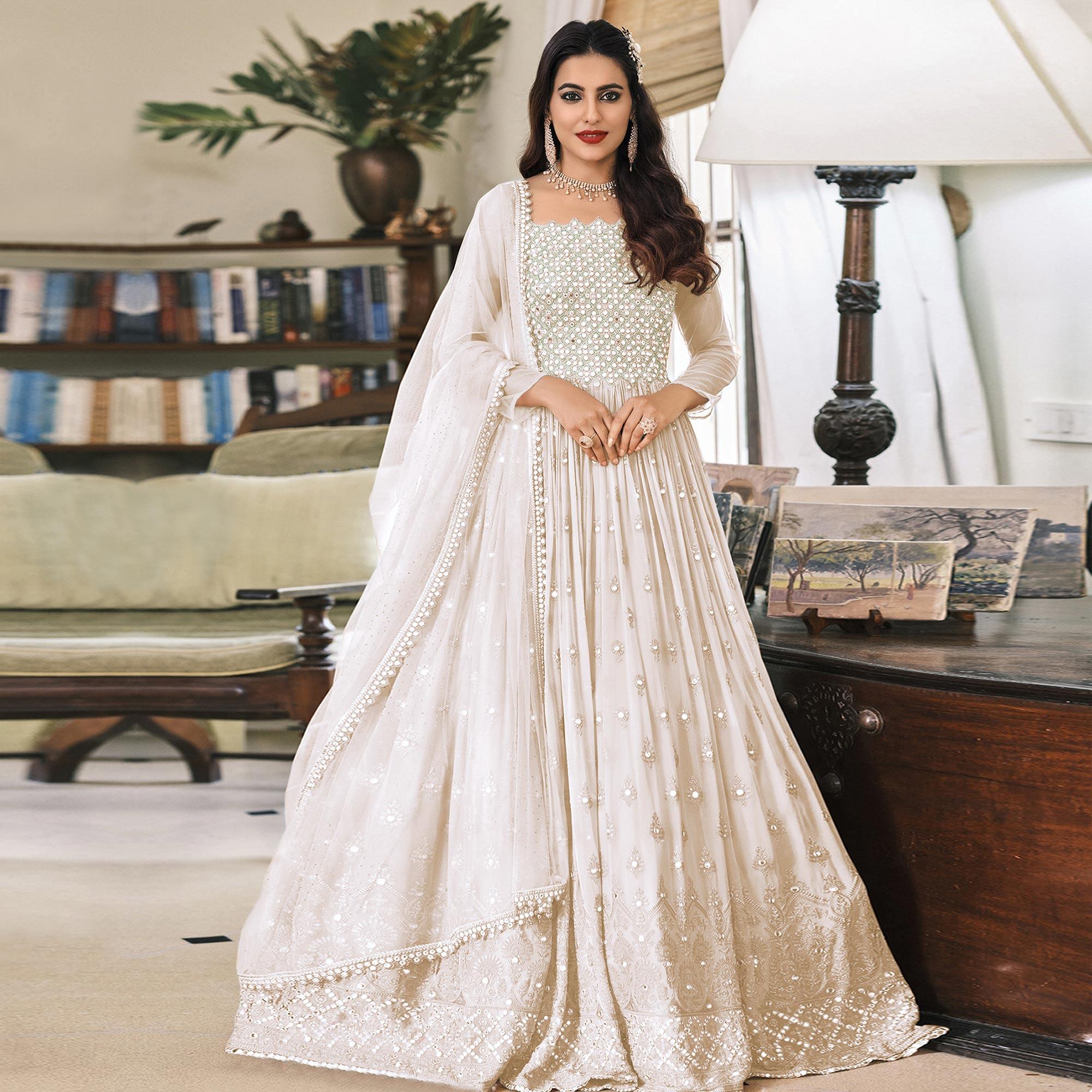 Peachmode Cream Embroidered Georgette Gown - view 2