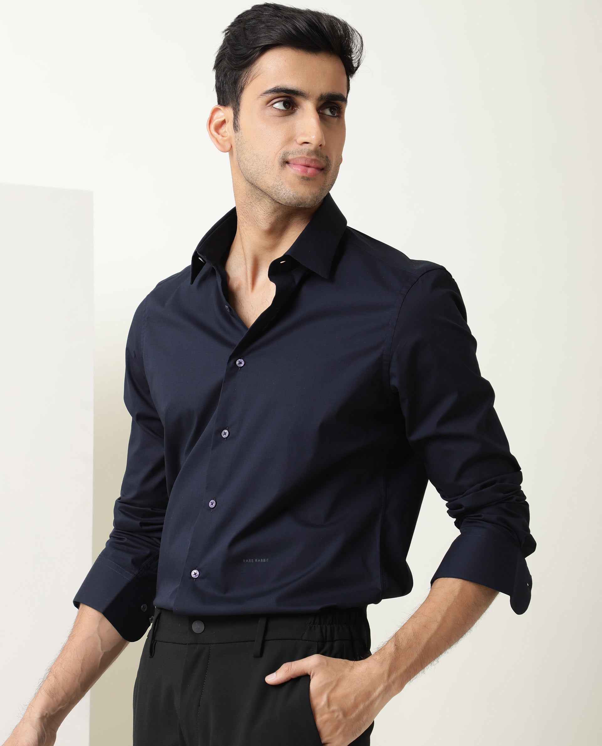 Rare Rabbit Men's Neutons Dark Navy Cotton Lycra Fabric Full Sleeves Solid Shirt