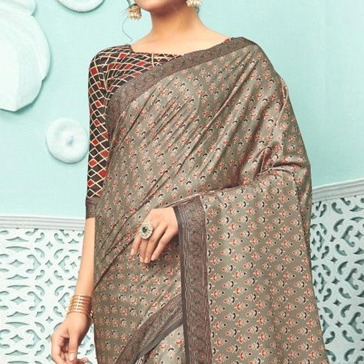 Peachmode Brown Party Wear Satin Printed Saree With Unstitched Blouse - view 2