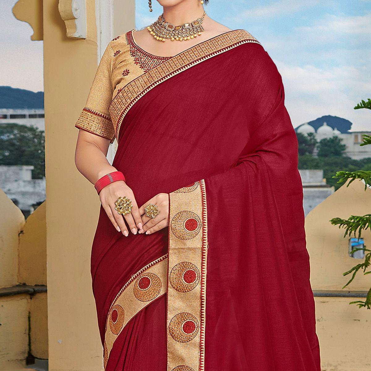 Peachmode Maroon Solid-Embroidered Border Vichitra Silk Saree With Tassels - view 2