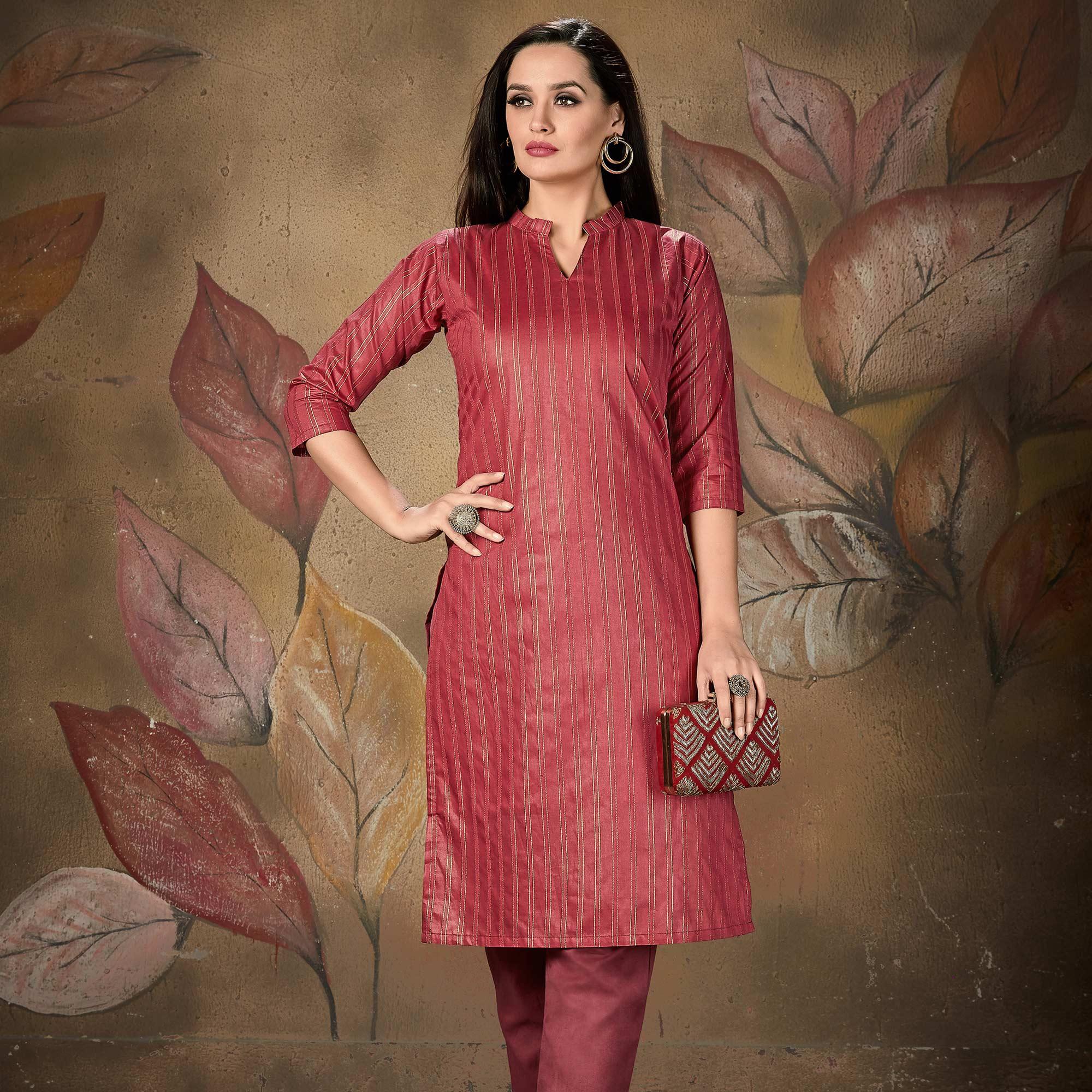 Peachmode Maroon Stripe Printed Cotton Blend Kurti