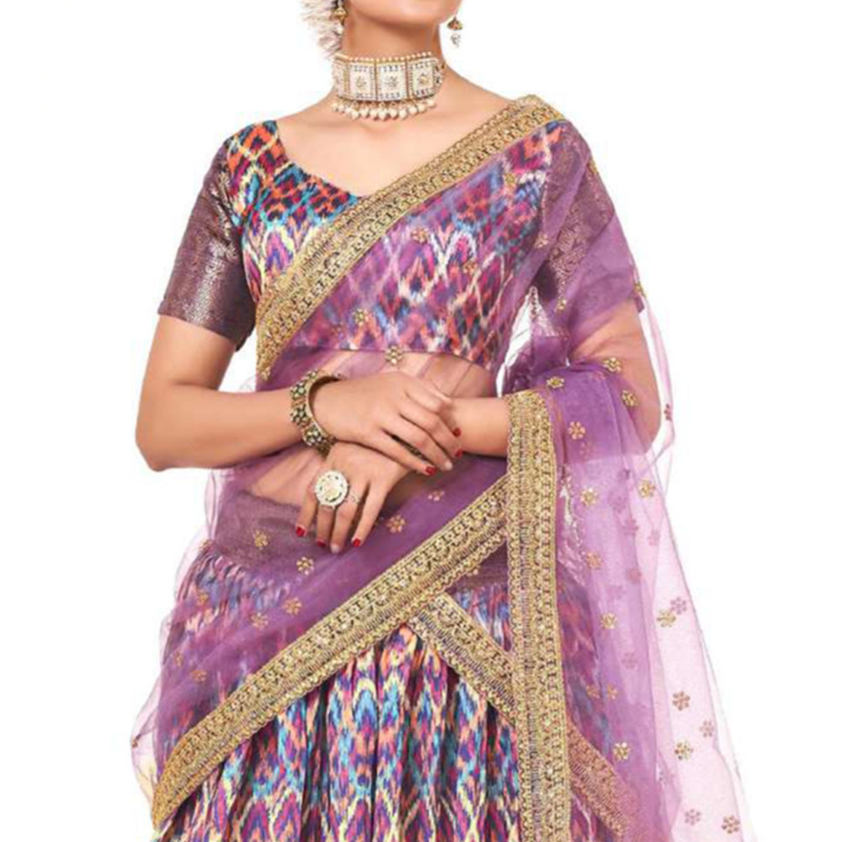Peachmode Multicolor Digital Printed With Zari Work Art Silk Lehenga Choli - view 2