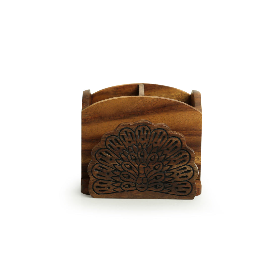 EXCLUSIVELANE 'The Dancing Peacock' Hand Carved Cutlery & Stationery Holder in Sheesham Wood - view 2