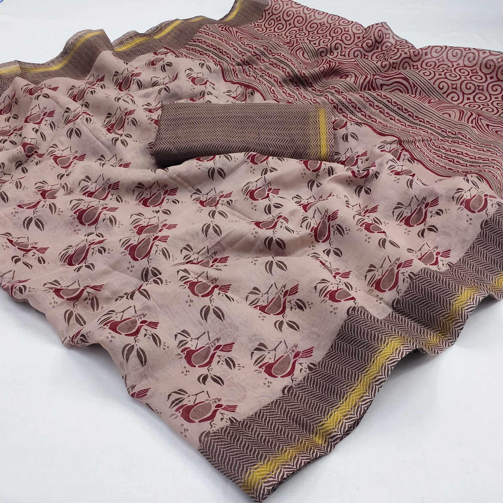 Peachmode Light Brown Floral Printed Cotton Blend Saree