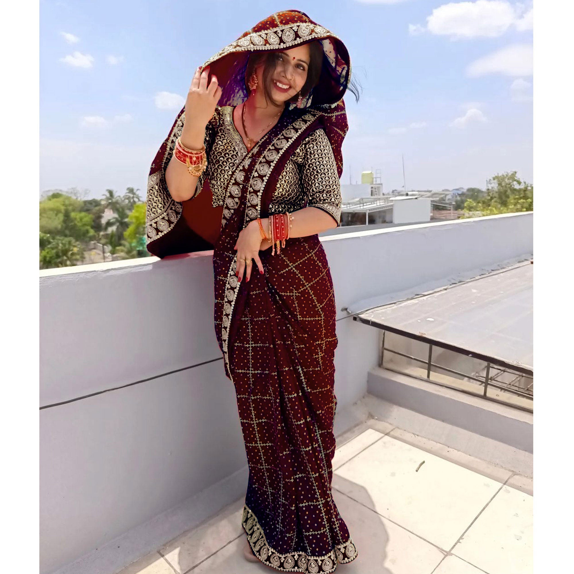 Peachmode Maroon Printed With Embroidered Border Vichitra Silk Saree - view 3