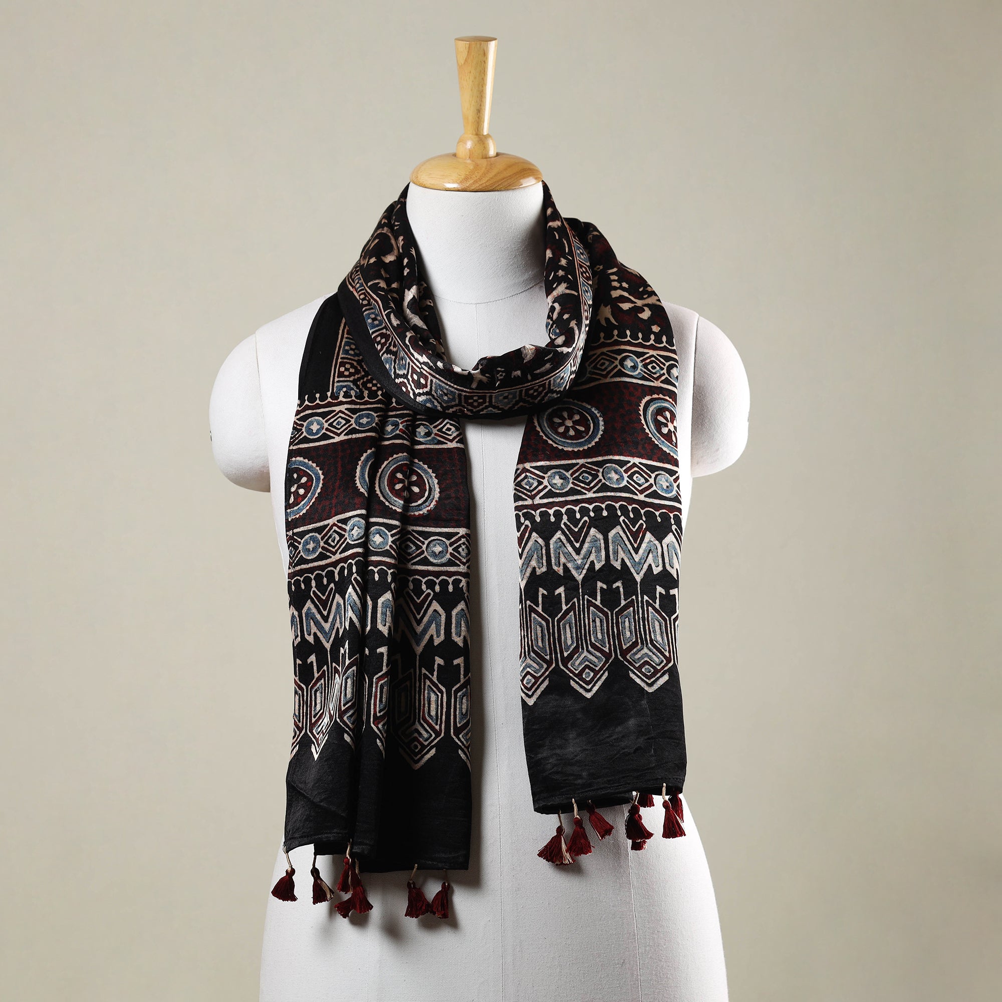 RIYAZ ABDULMAJID KHATRI - AJRAKH Black - Ajrakh Hand Block Printed Mashru Silk Stole with Tassels