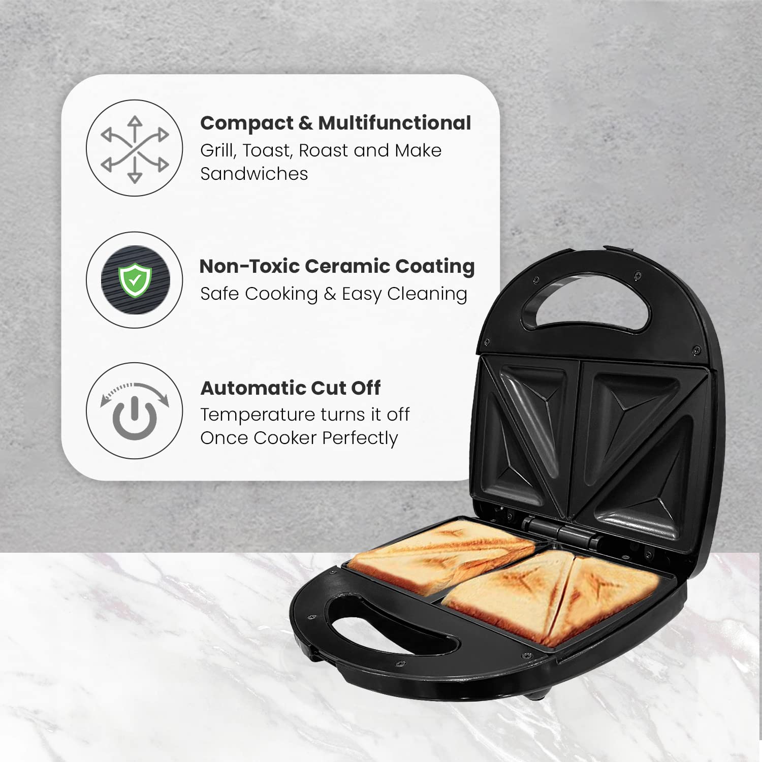 Candes Crunch Sandwich Toaster 4 Slices Non-Stick Fixed with Sandwich Plated Plates - 750 W (1 Year Warranty) Black & Silver - view 6