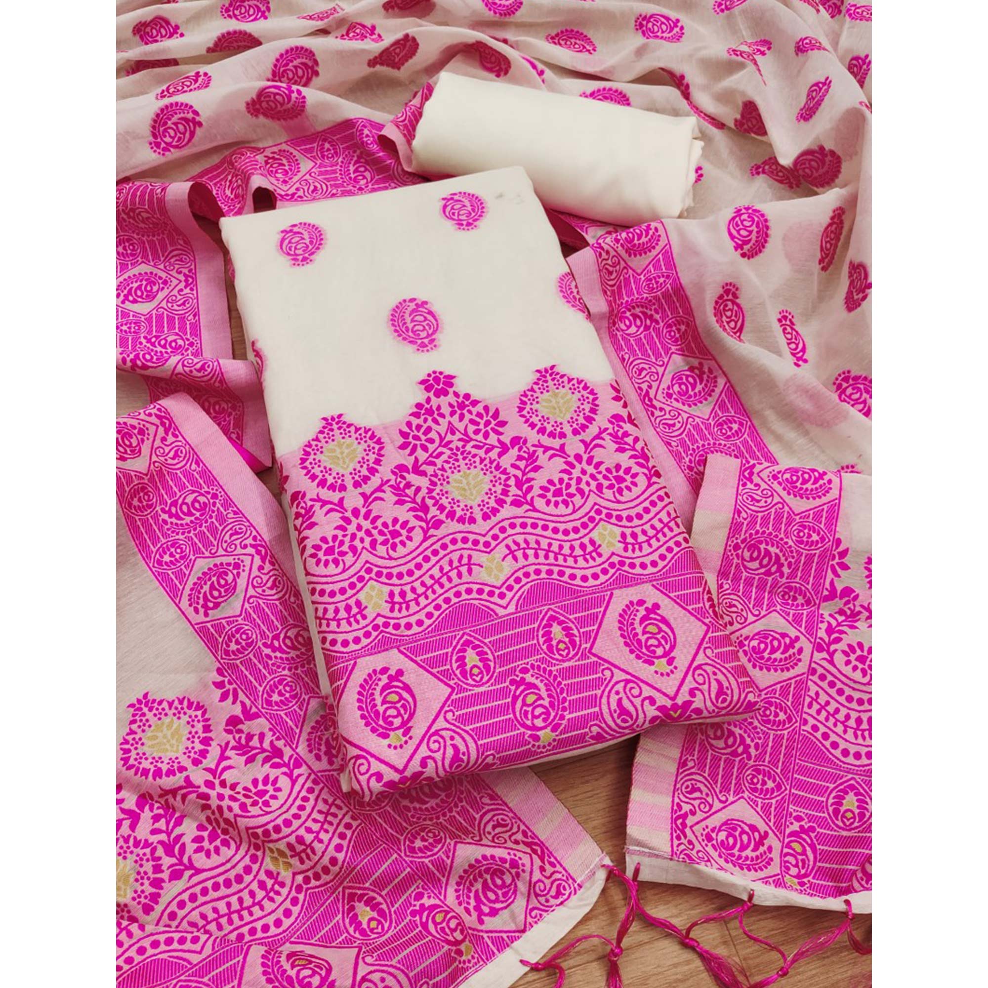 Peachmode Offwhite & Pink Floral Woven Chanderi Dress Material - view 3