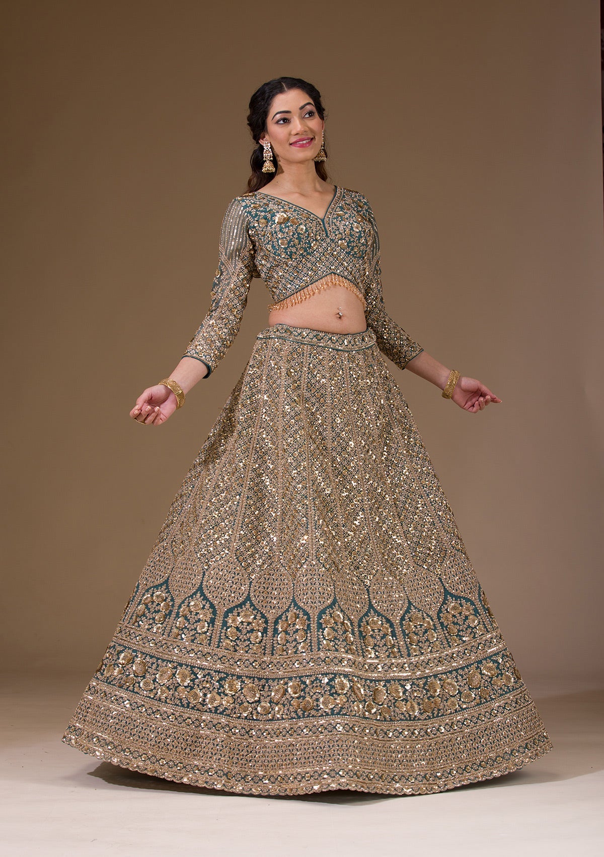 Koskii Turquoise Blue Sequins Net Readymade Lehenga - view 6
