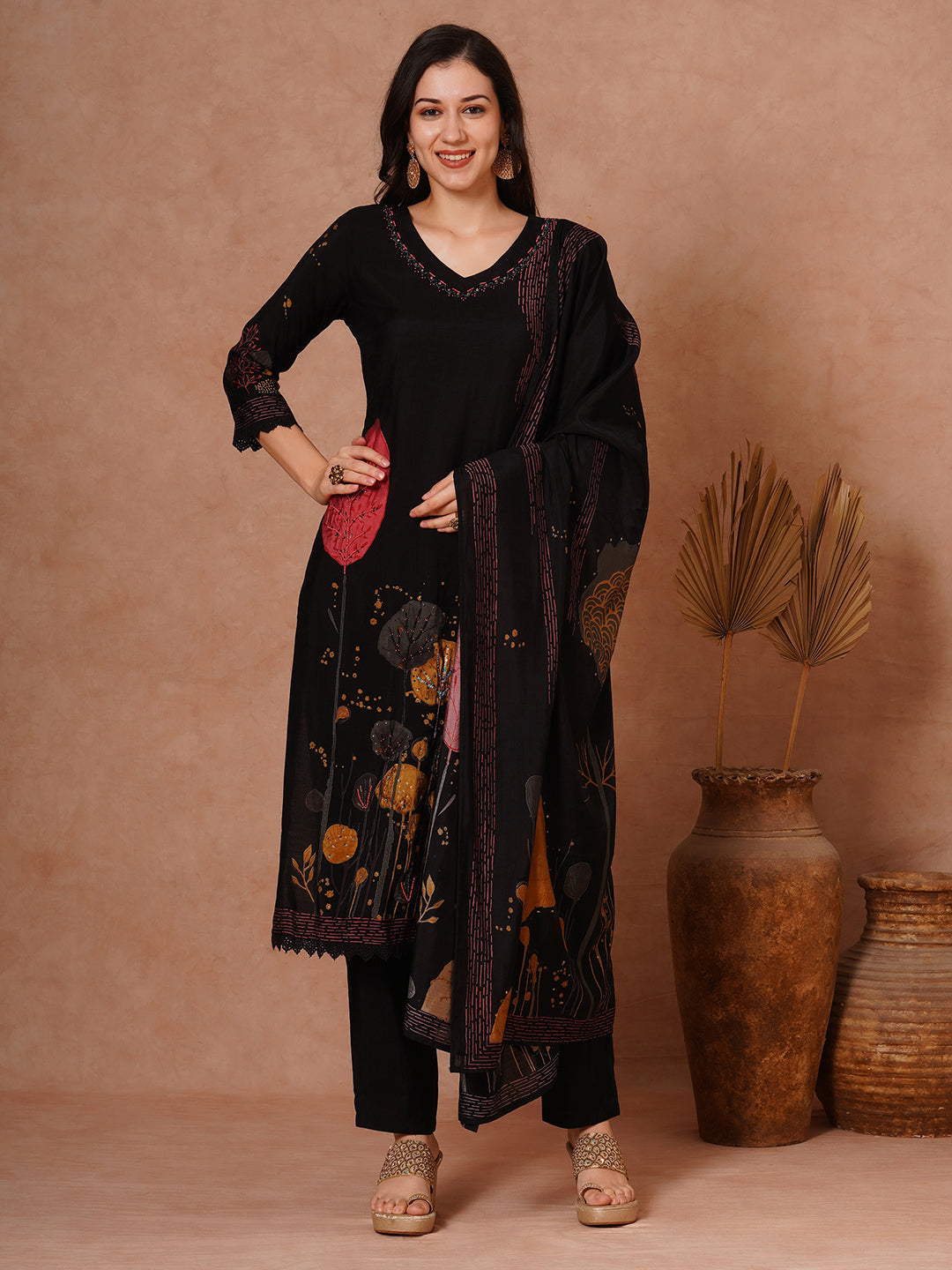FASHOR Abstract Floral Printed & Hand Embroidered Straight Fit Kurta with Pant and Dupatta - Black - view 3