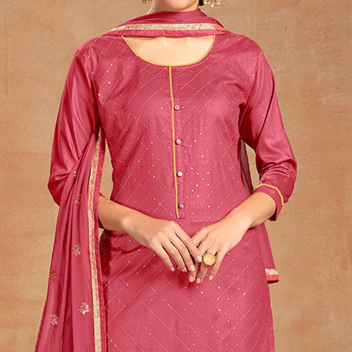 Peachmode Ethnic Pink Colored Partywear Embroidered Pure Cotton Dress Material - view 2