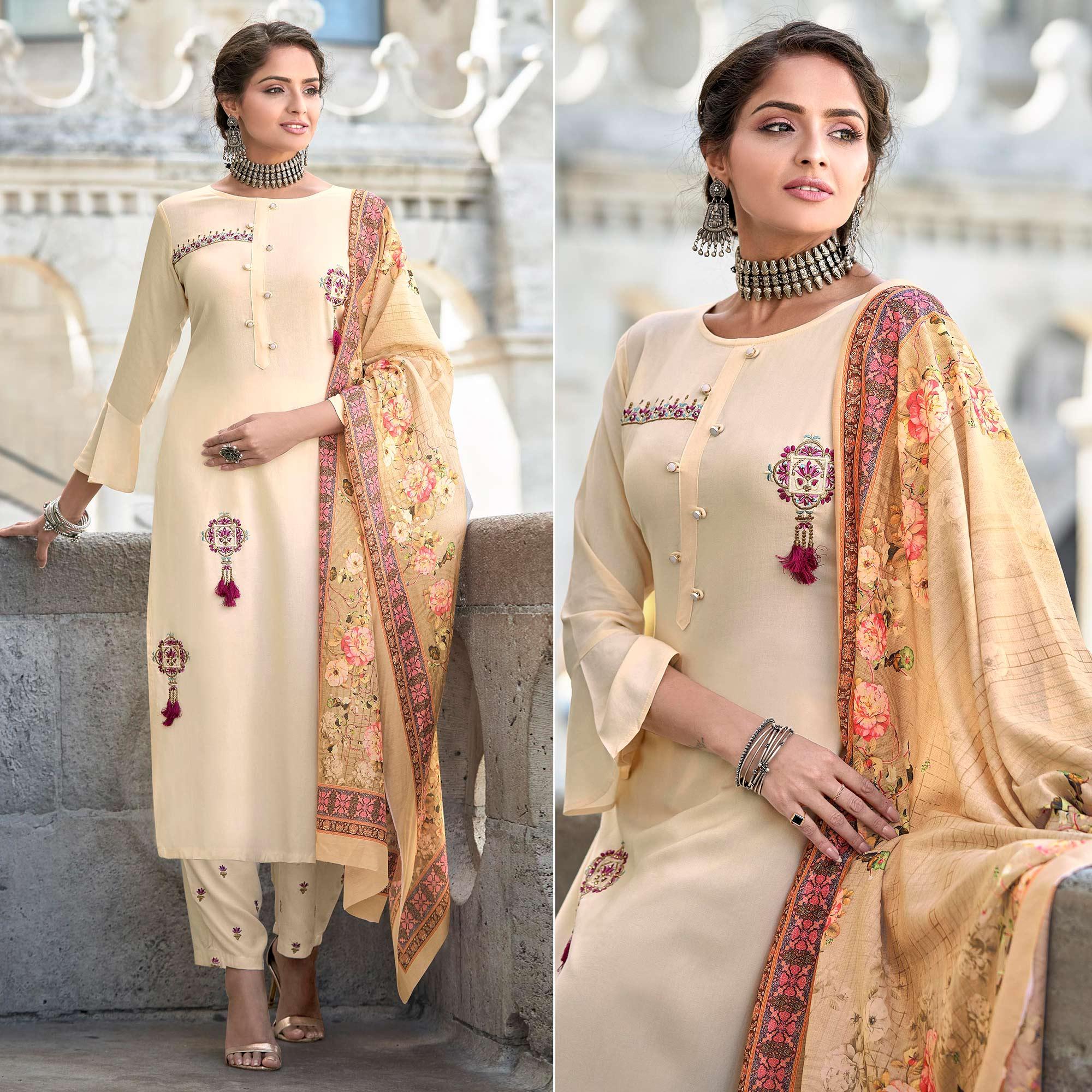 Peachmode Seller Cream Embroidered Rayon Kurti Pant Set With Dupatta