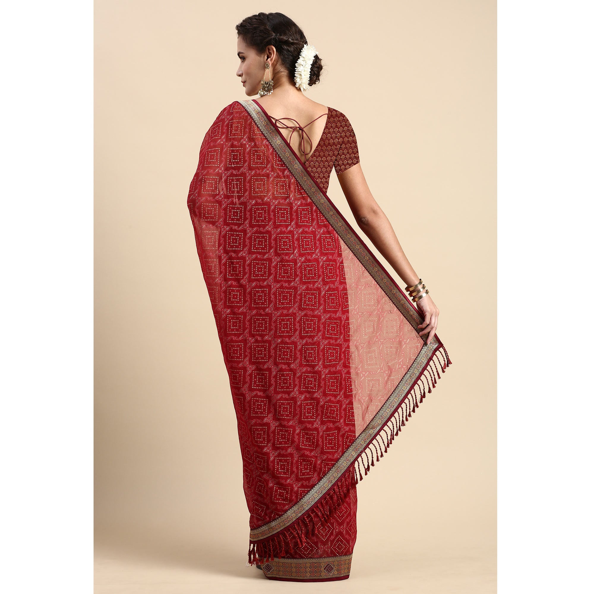 Peachmode Maroon Foil Printed With Fancy Border Chiffon Saree - view 4