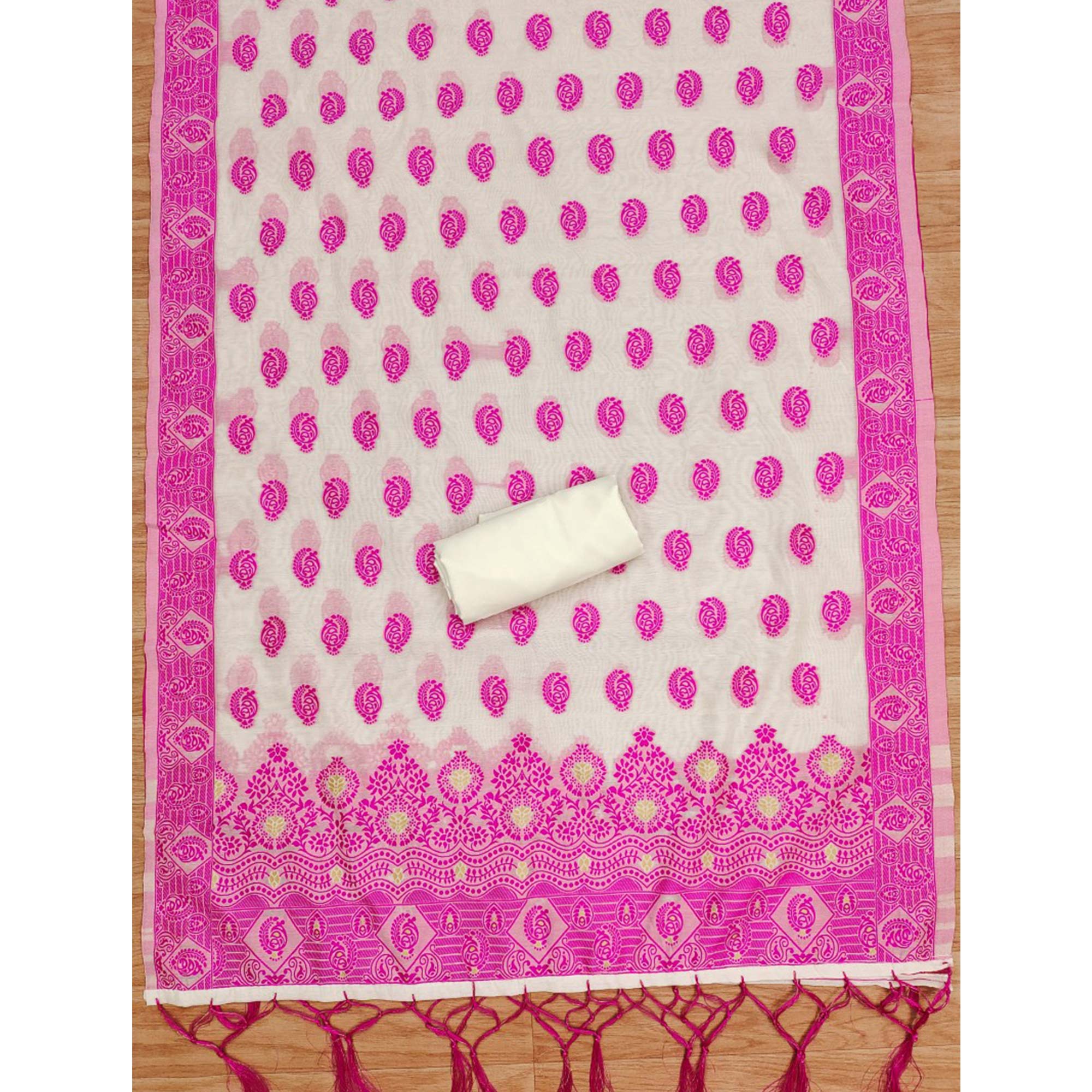 Peachmode Offwhite & Pink Floral Woven Chanderi Dress Material - view 5