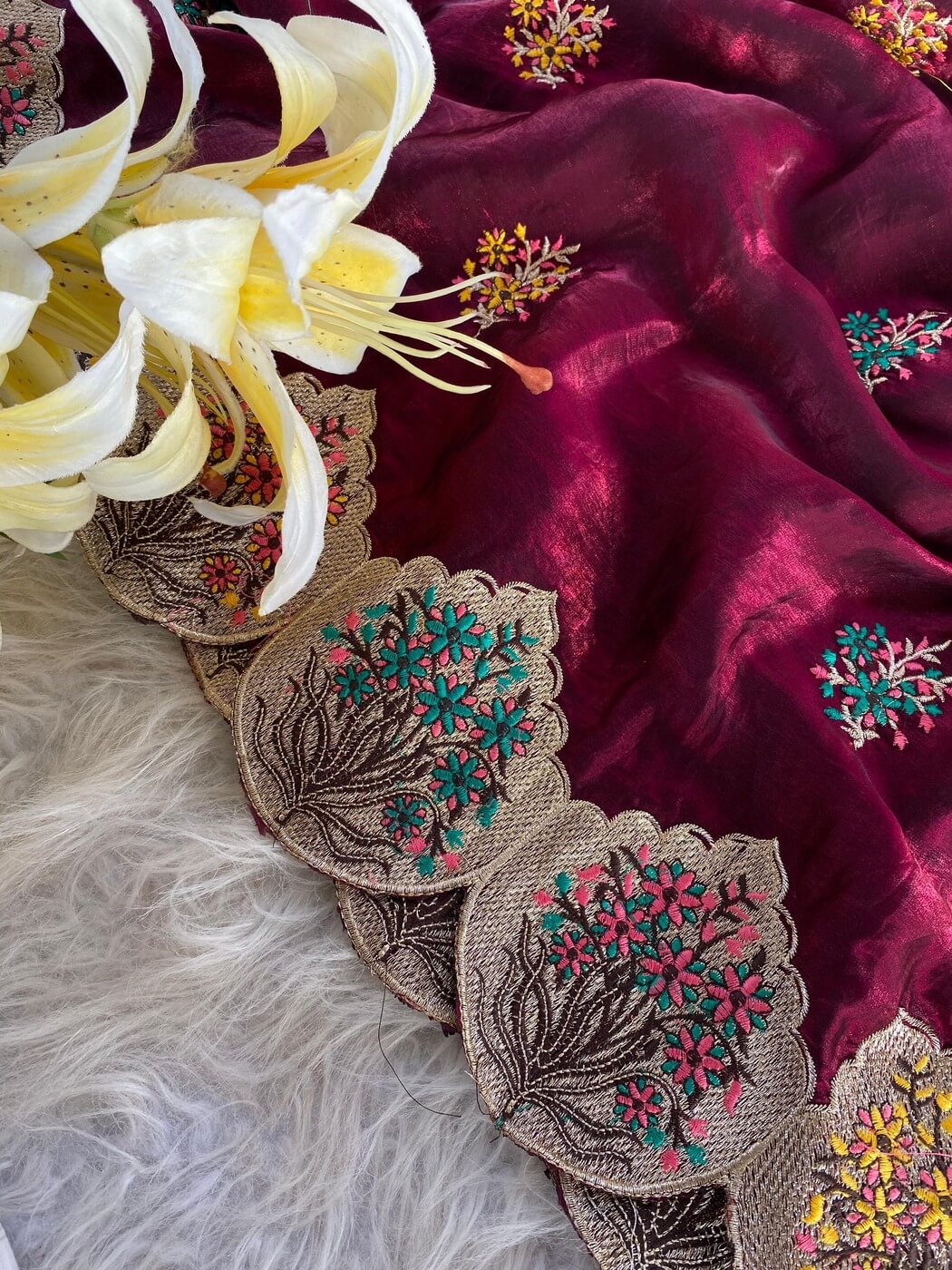 Tasrika Sempiternal Wine Embroidery Work Fendy Silk Saree With Flattering Blouse Piece - view 3