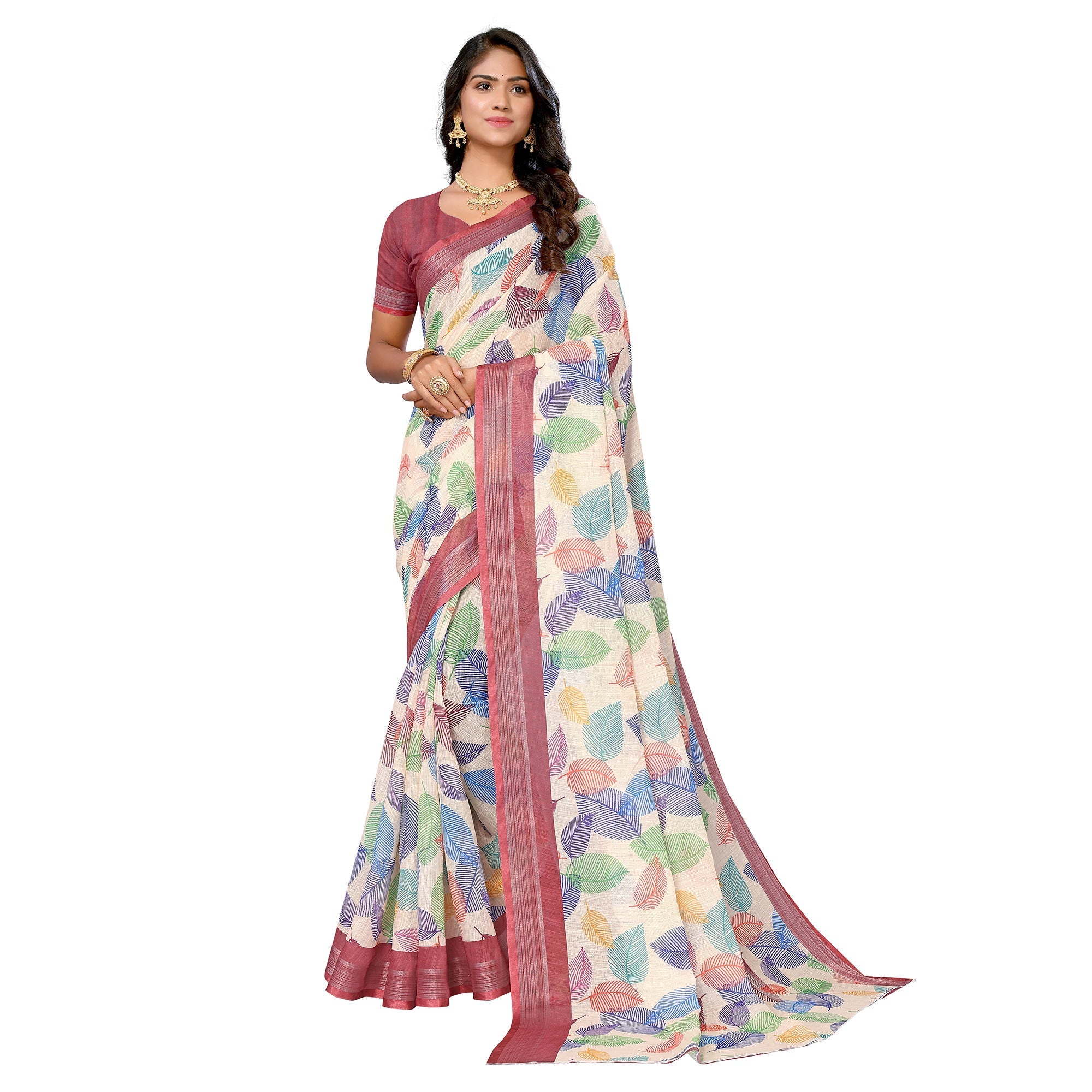 Peachmode Cream Digital Floral Printed Linen Saree
