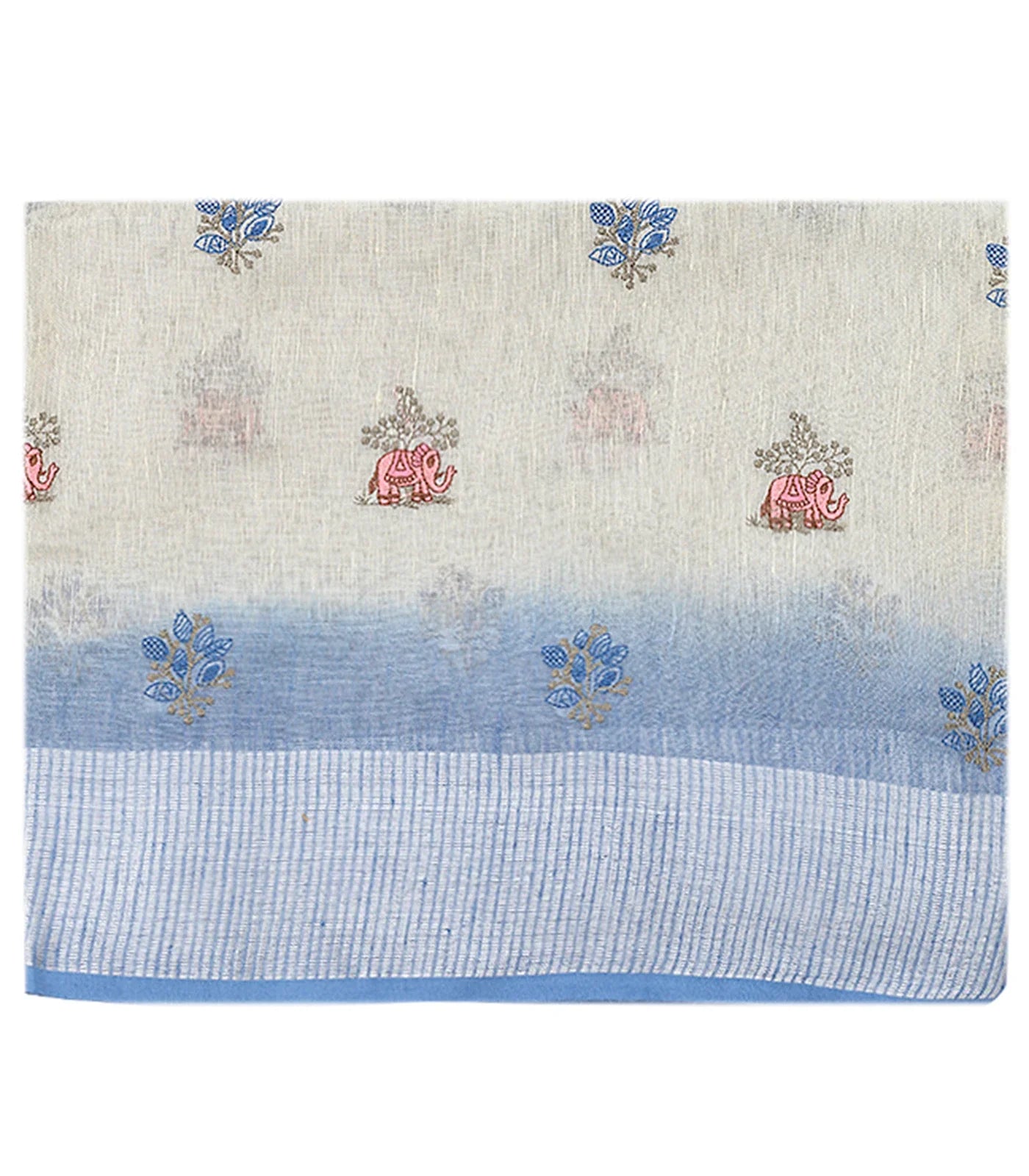 RmKV Off White Blended Linen Saree with Elephant and Flower Embroidery with Blue Border and Pallu - view 2