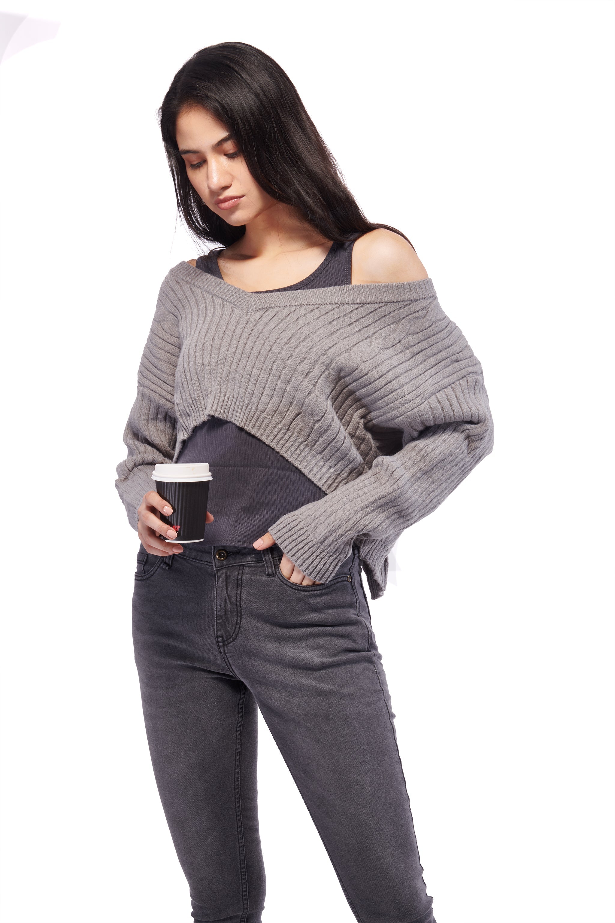 Baddie Winter Back Slit Top – Grey