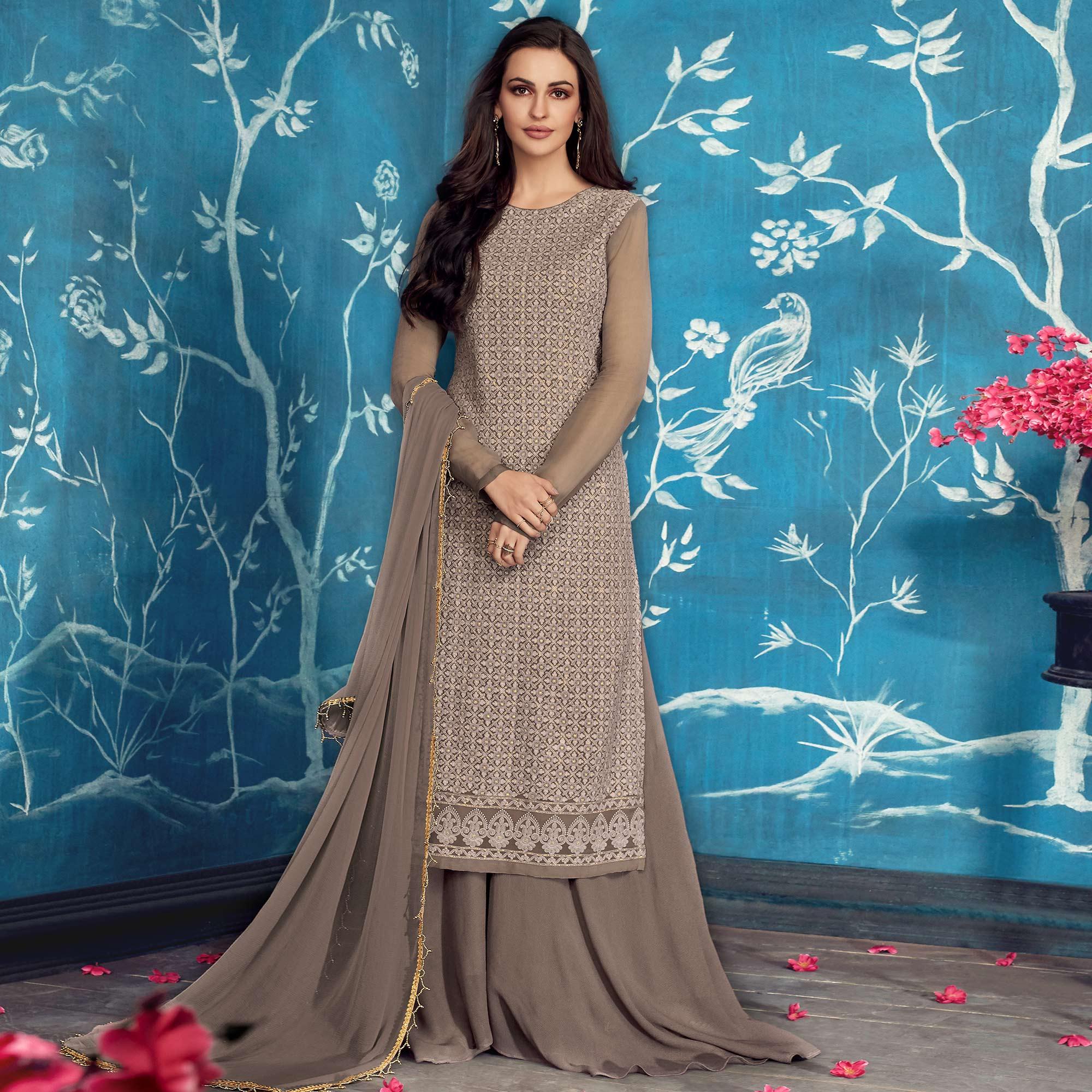 Peachmode Seller Eye-catching Gray Colored Partywear Embroidered Georgette Palazzo Suit