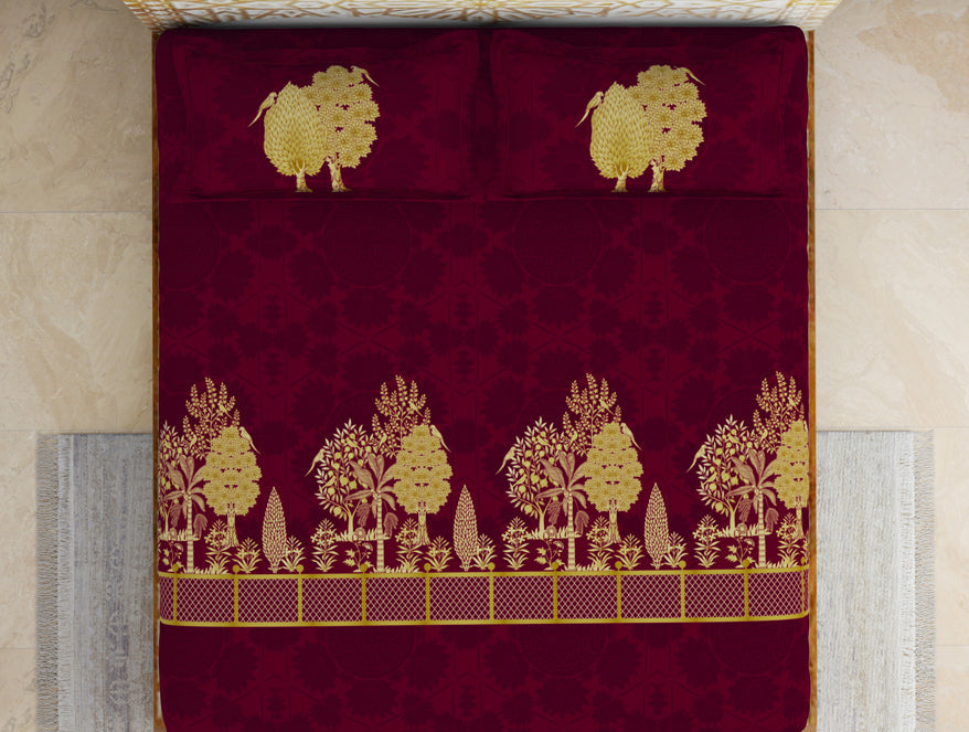 Spaces India Floral Pichwai Cerise - Dark Pink 100% Cotton King Size Bedsheet - Gold - Rangana By Spaces - view 3