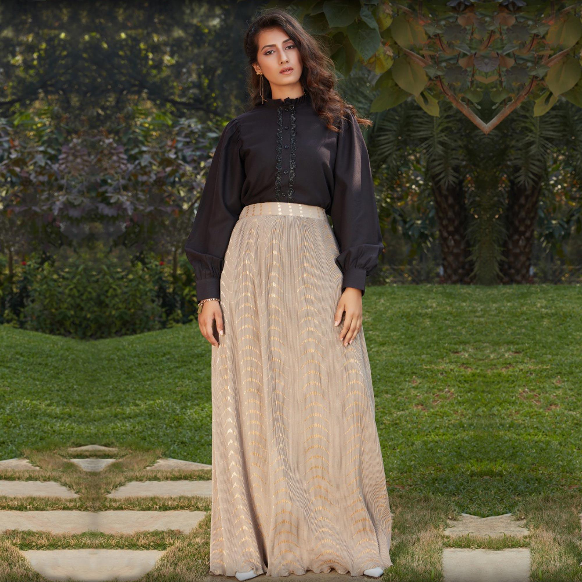 Peachmode Seller Charming Black-Beige Colored Casual Wear Printed Western Crop Top - Skirt Set