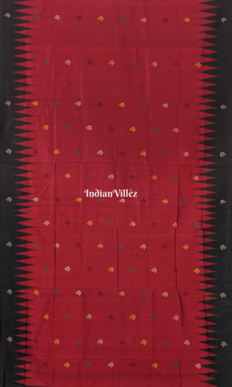 IndianVillèz Black Red Floral Design Bomkai Silk Saree - view 4