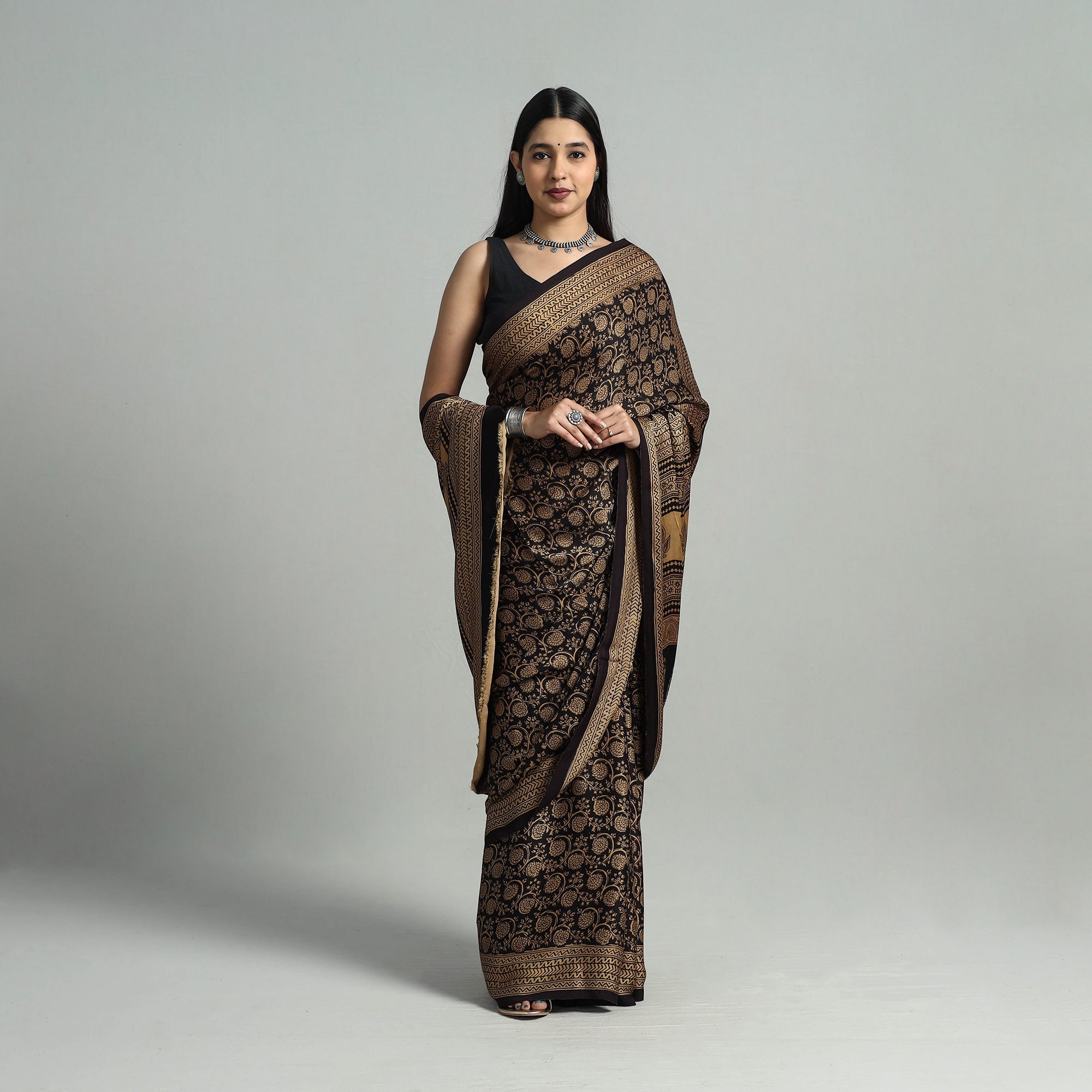 BAGH PRINTS BY MOHAMMED RAFIK KHATRI Black - Hand Block Printed Modal Silk Bagh Saree 01