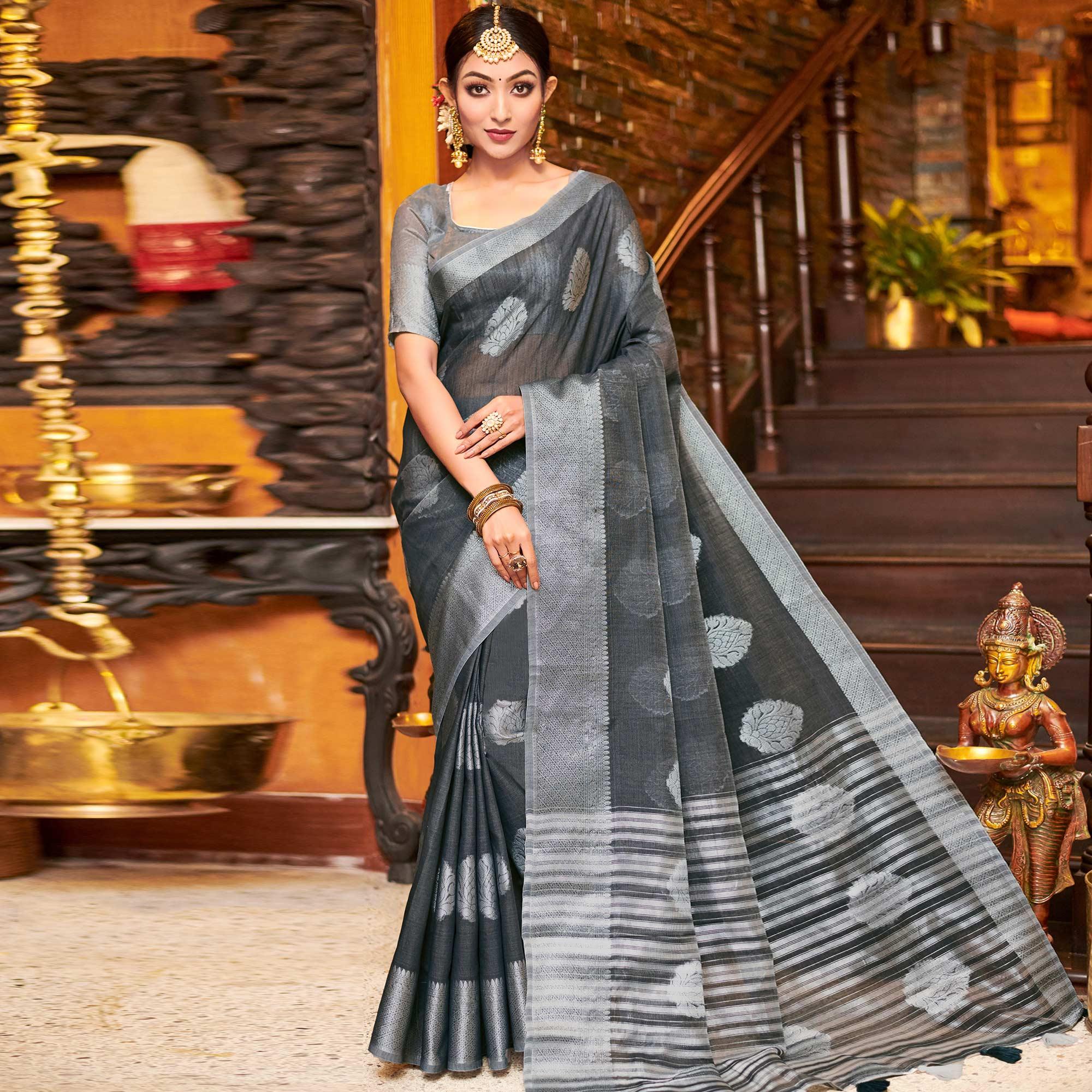 Peachmode Engrossing Grey Colored Festive Wear Woven Linen Sareee