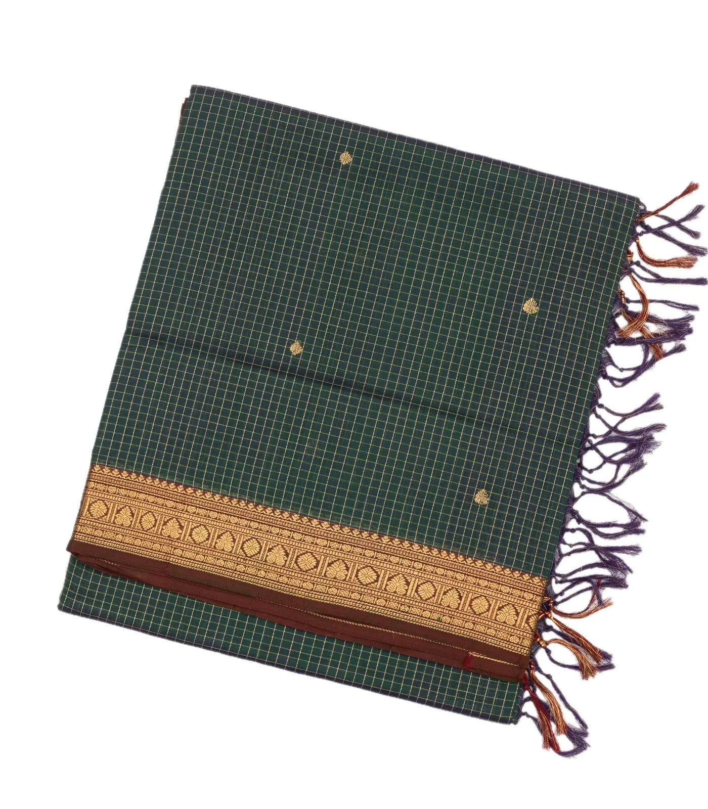 RmKV Bottle Green Handloom Silk Cotton Saree With Checks & Buttas